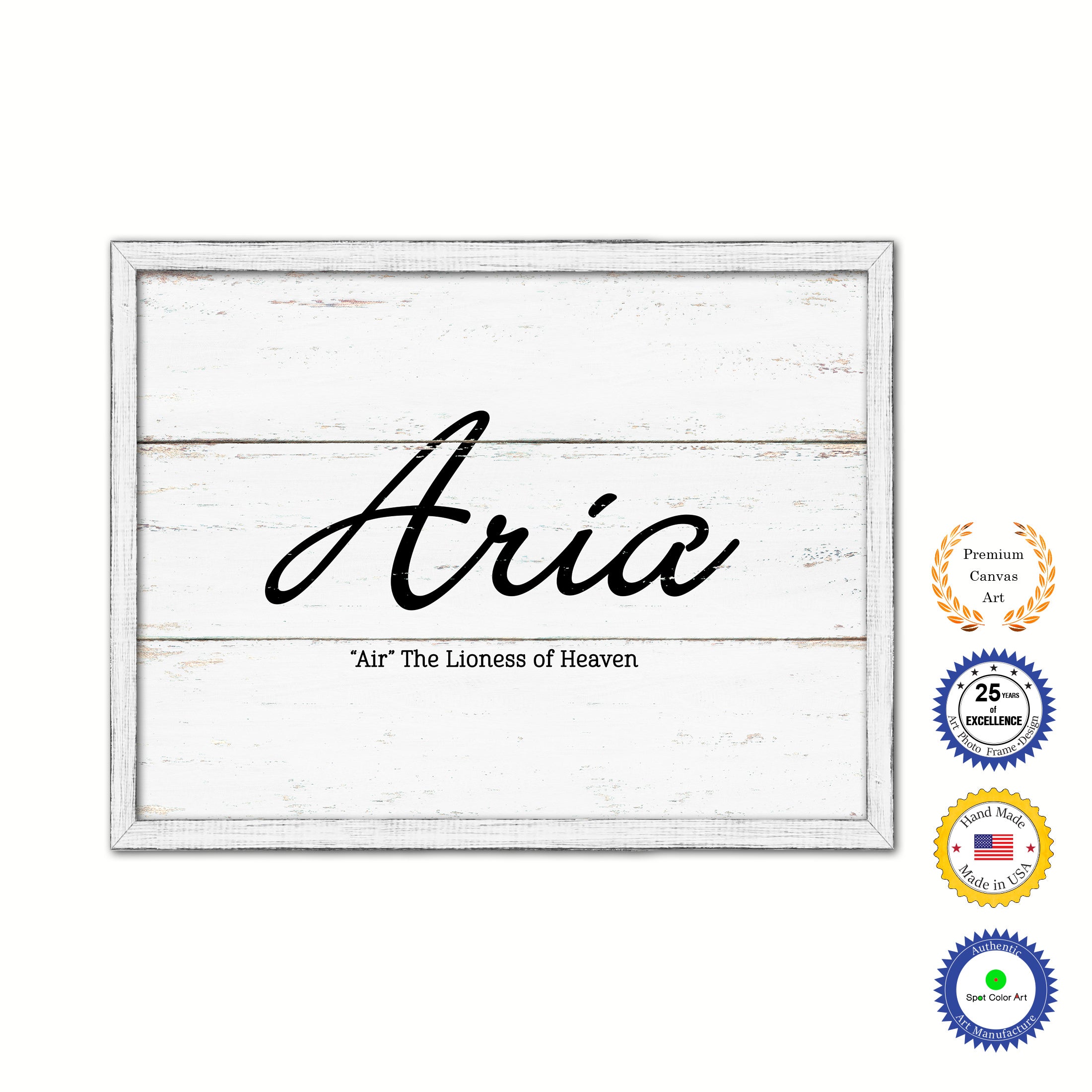 Aria Name Plate White Wash Wood Frame Canvas Print Boutique Cottage Decor Shabby Chic