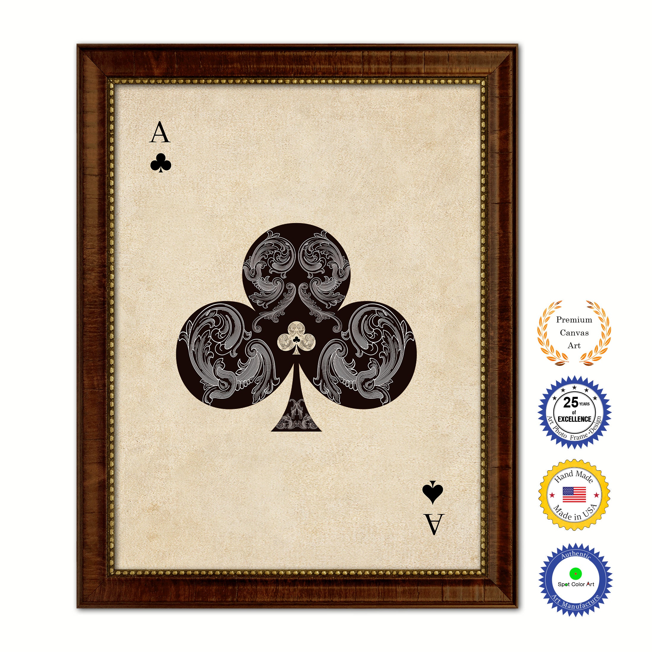 Ace Clover Poker Decks of Vintage Cards Print on Canvas Brown Custom Framed