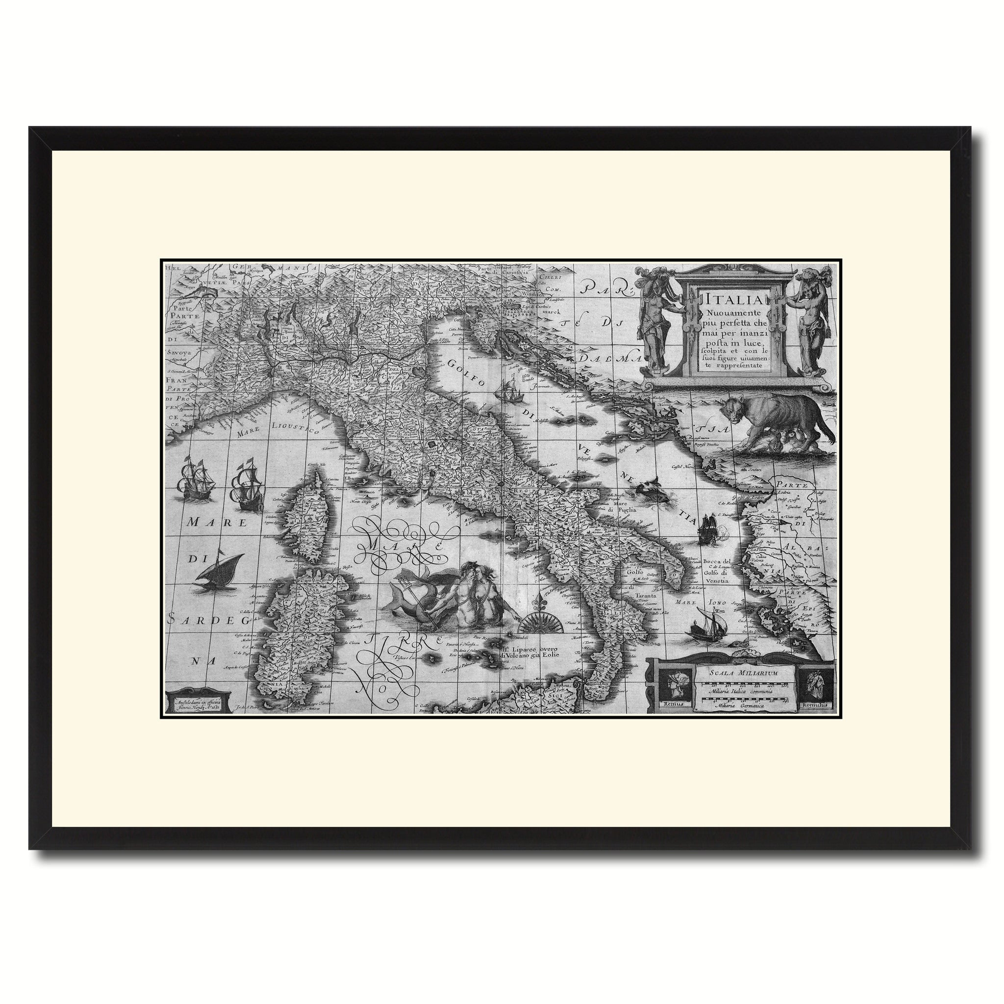 Italy Vintage B&W Map Canvas Print, Picture Frame Home Decor Wall Art Gift Ideas