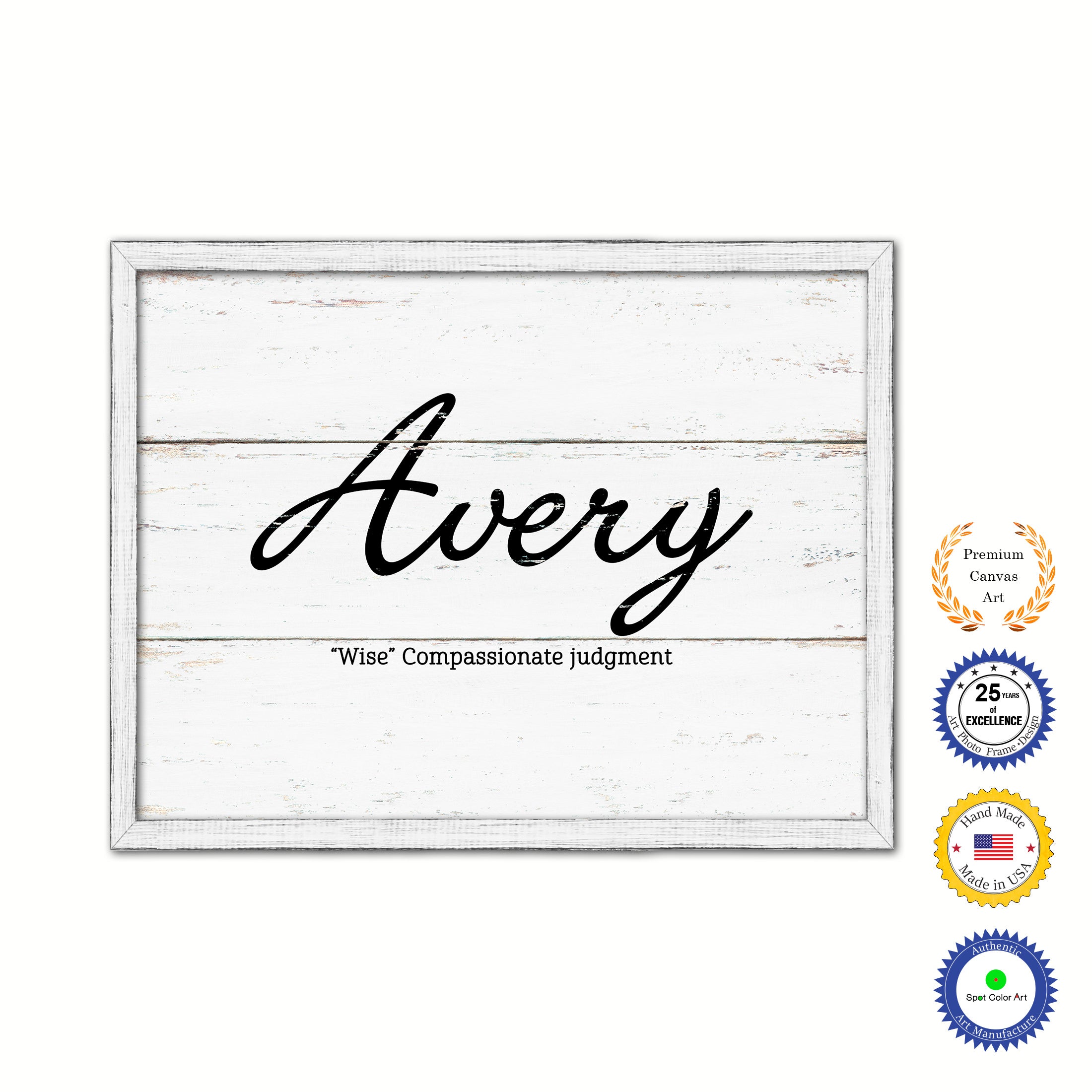 Avery Name Plate White Wash Wood Frame Canvas Print Boutique Cottage Decor Shabby Chic