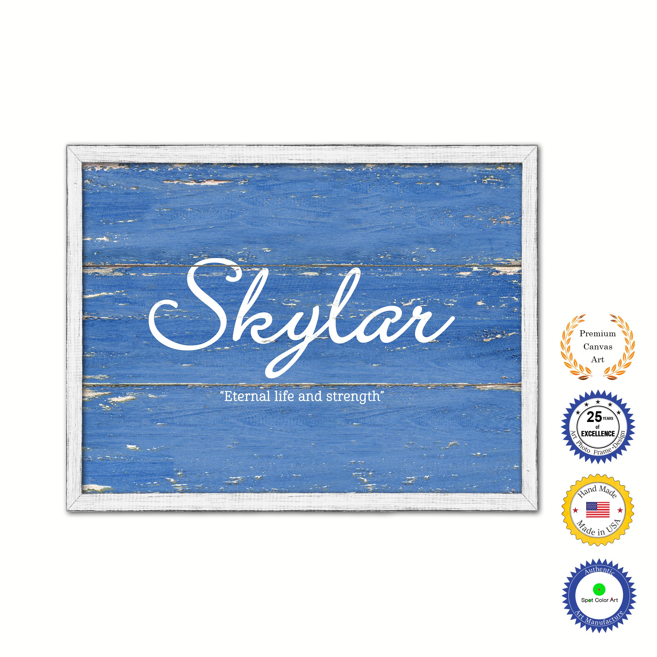 Skylar Name Plate White Wash Wood Frame Canvas Print Boutique Cottage Decor Shabby Chic
