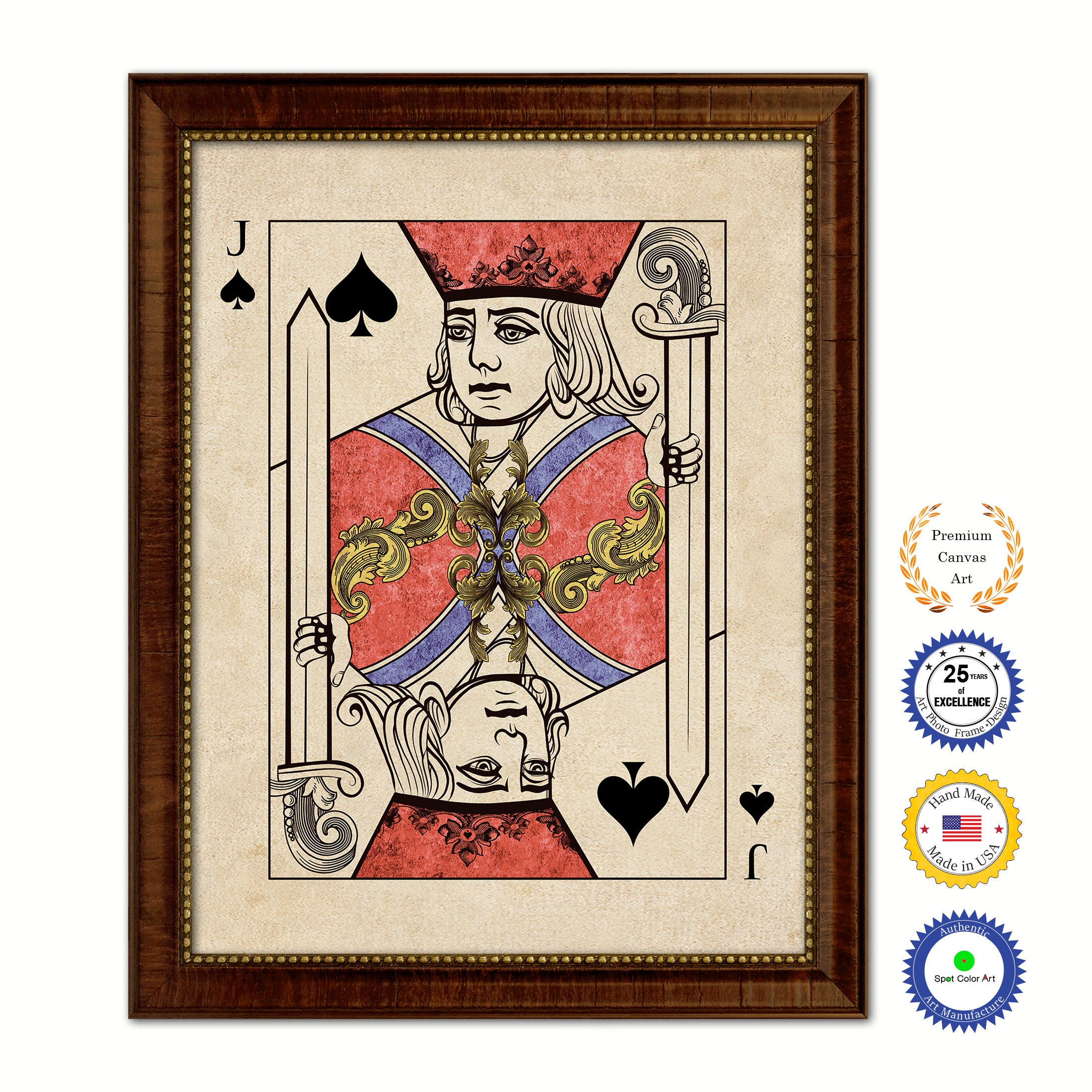 Jack Spades Poker Decks of Vintage Cards Print on Canvas Brown Custom Framed