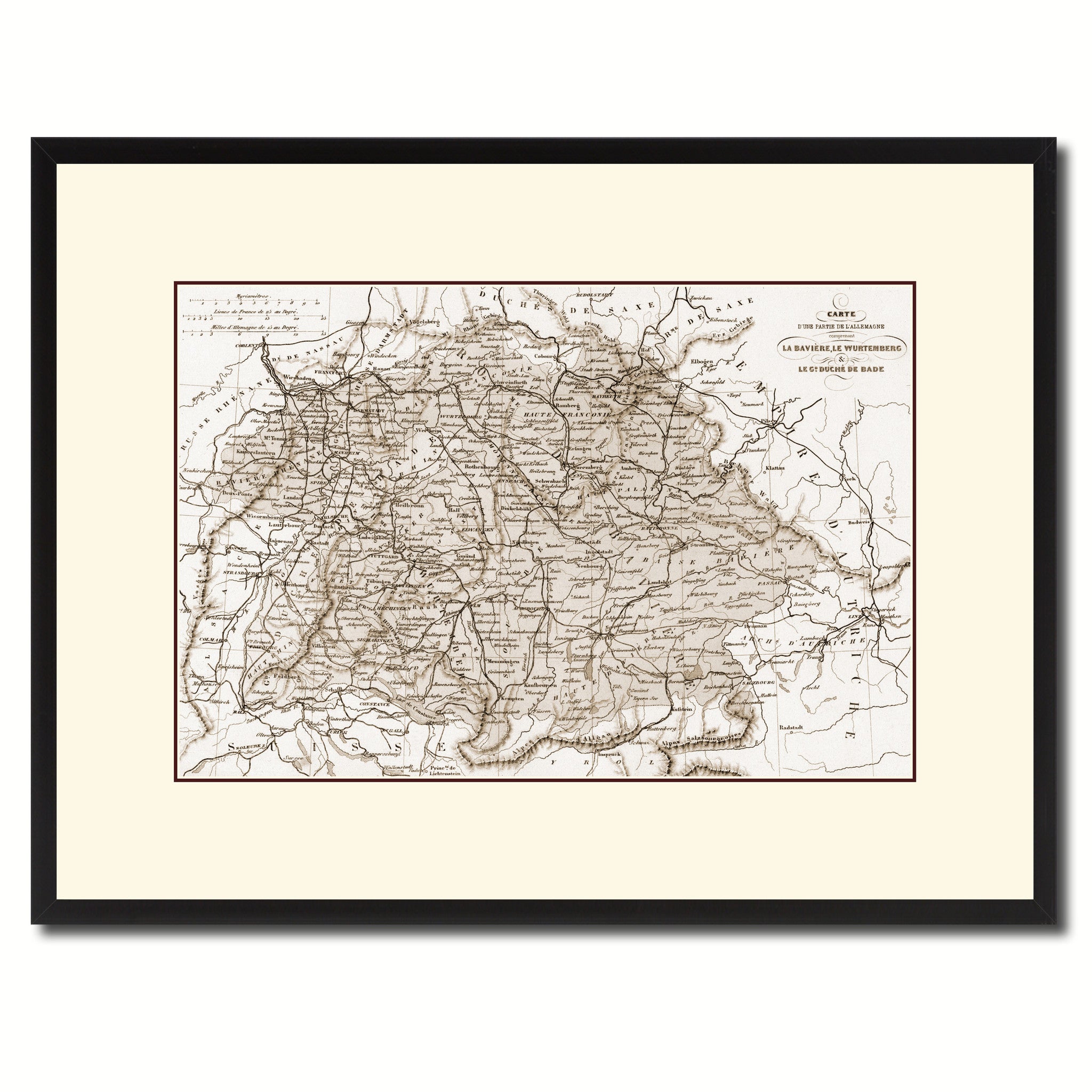 Southern Germany: Bavaria Wurttemberg Hesse Vintage Sepia Map Canvas Print, Picture Frame Gifts Home Decor Wall Art Decoration