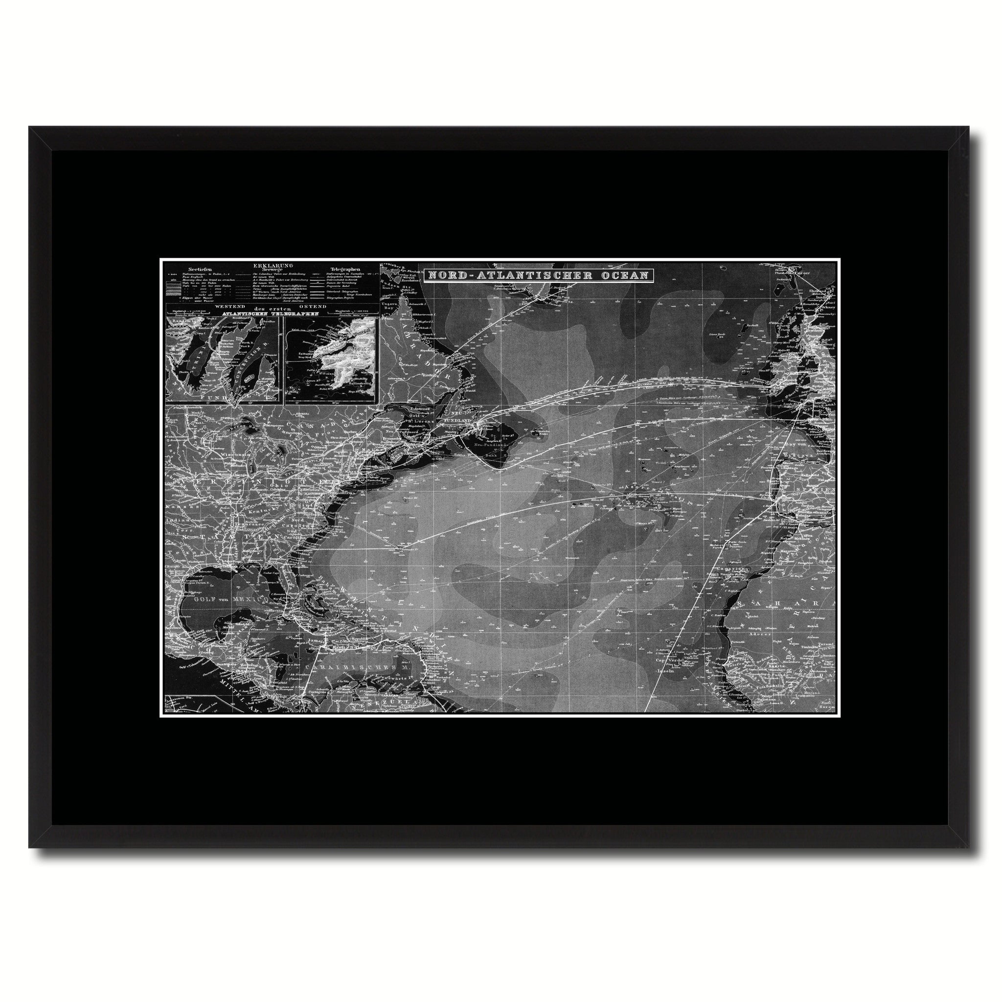 North Atlantic Telegraph Lines Stieler Vintage Monochrome Map Canvas Print, Gifts Picture Frames Home Decor Wall Art