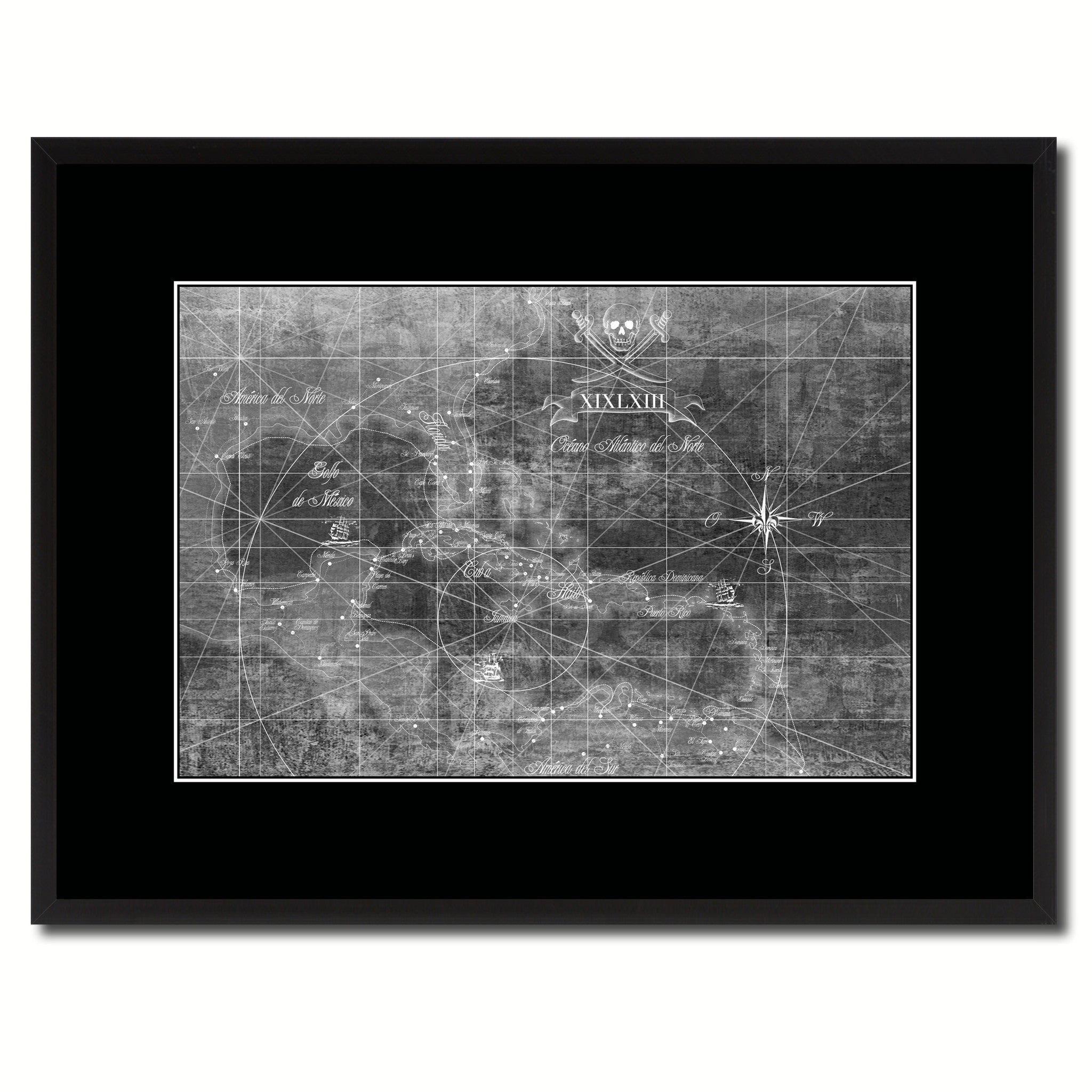 Caribbean Vintage Monochrome Map Canvas Print, Gifts Picture Frames Home Decor Wall Art