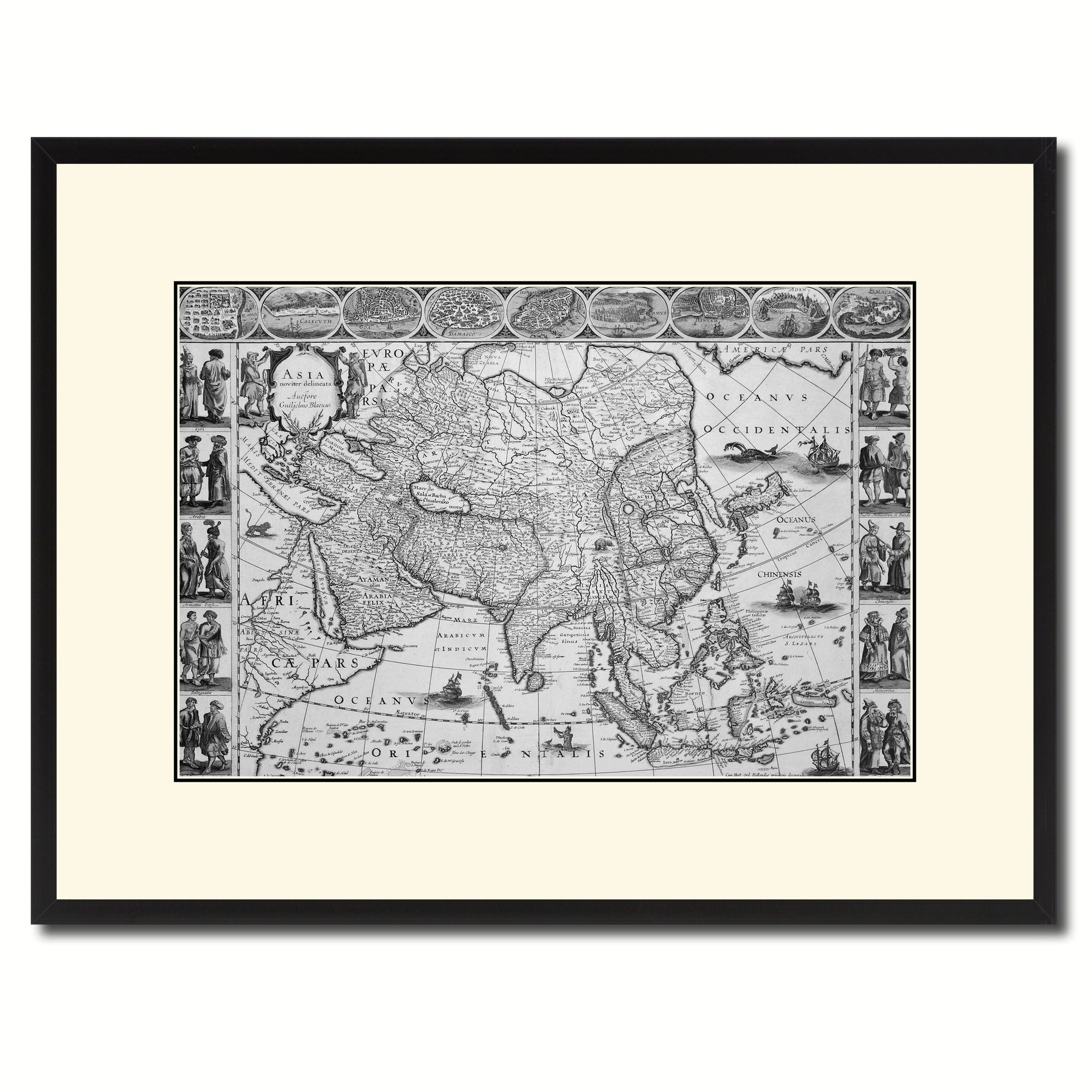 Asia Vintage B&W Map Canvas Print, Picture Frame Home Decor Wall Art Gift Ideas