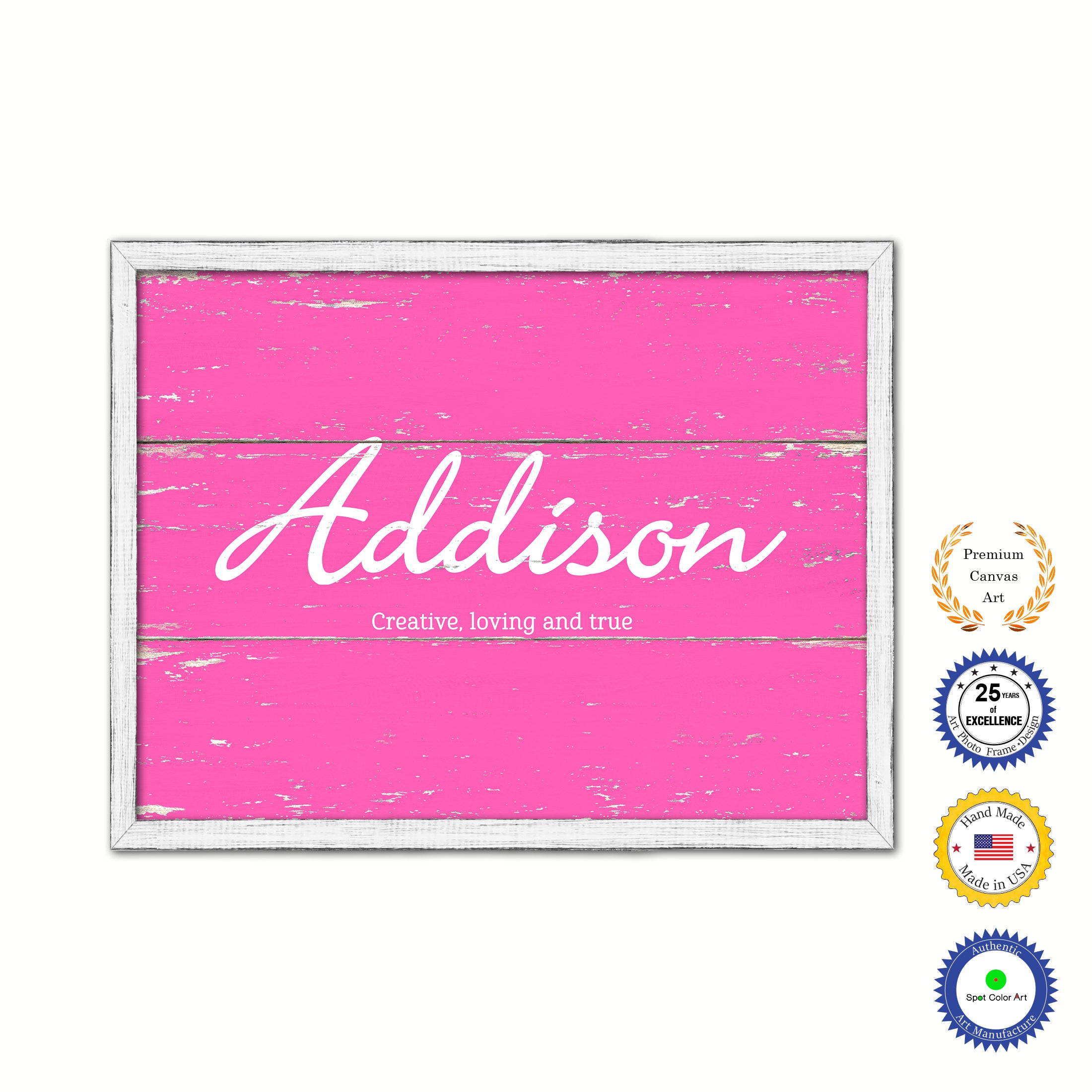 Addison Name Plate White Wash Wood Frame Canvas Print Boutique Cottage Decor Shabby Chic