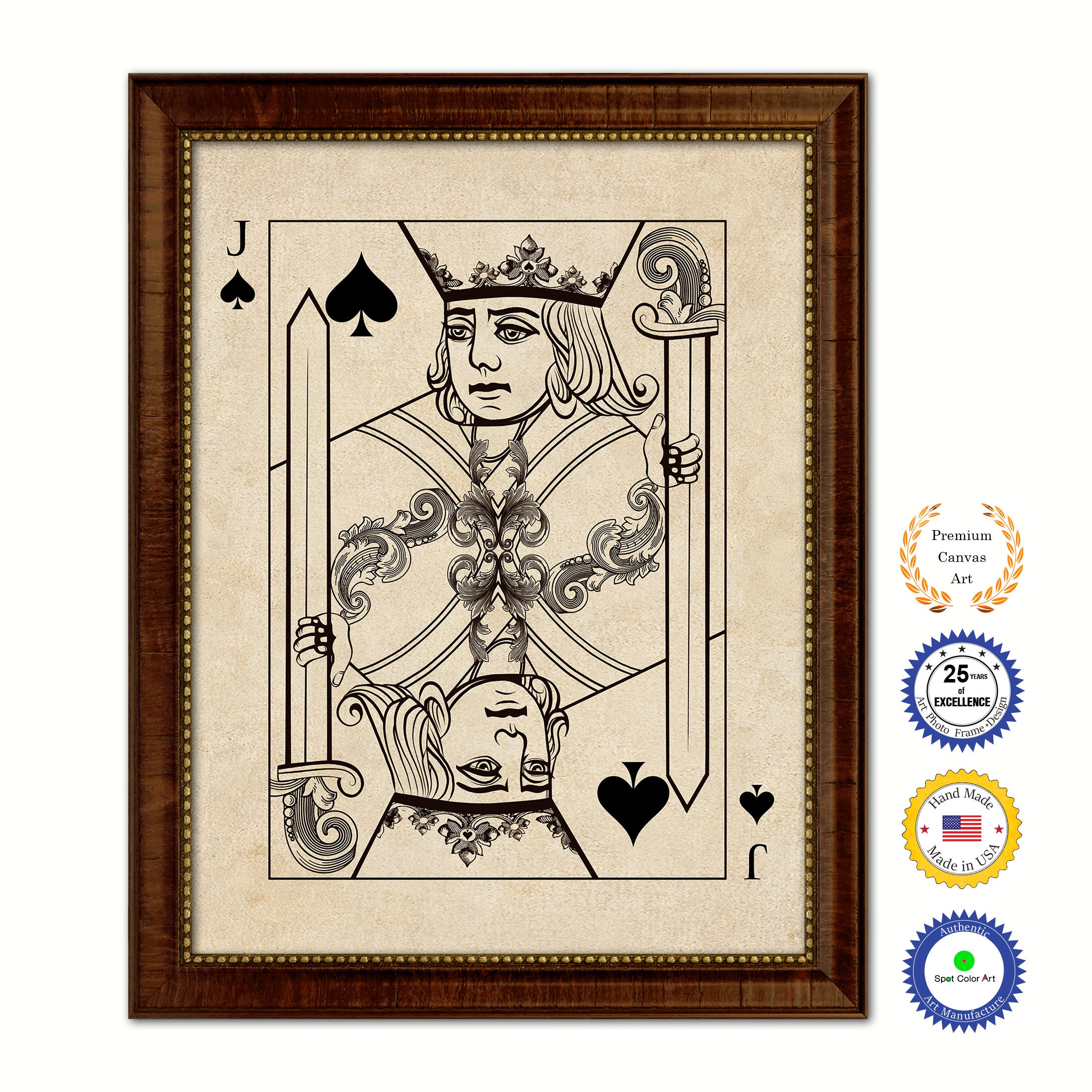 Jack Spades Poker Decks of Vintage Cards Print on Canvas Brown Custom Framed