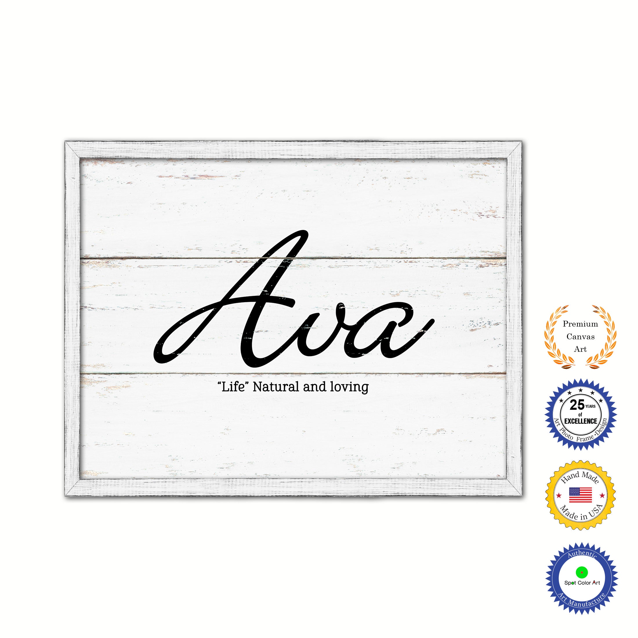 Ava Name Plate White Wash Wood Frame Canvas Print Boutique Cottage Decor Shabby Chic