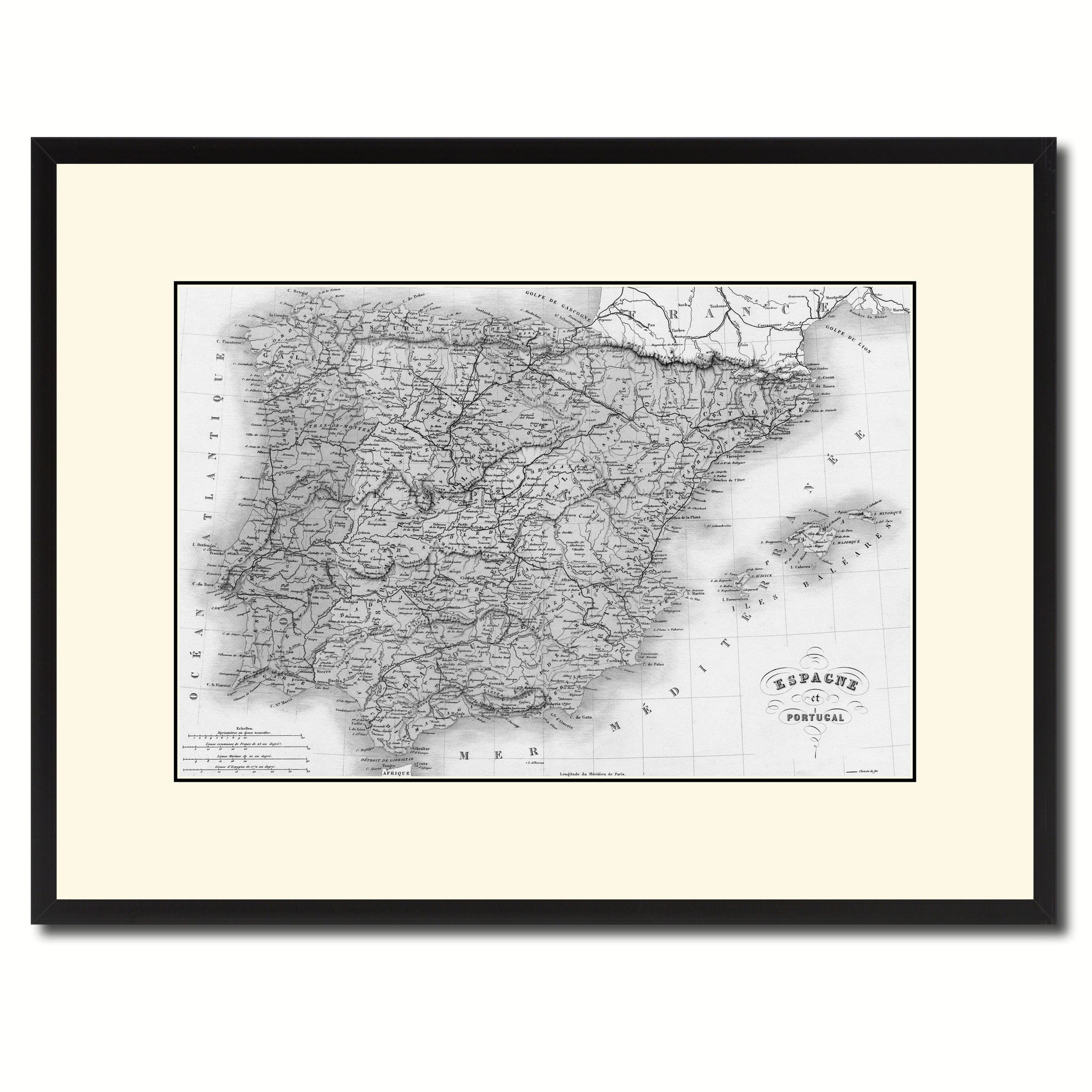 Spain Portugal Vintage B&W Map Canvas Print, Picture Frame Home Decor Wall Art Gift Ideas