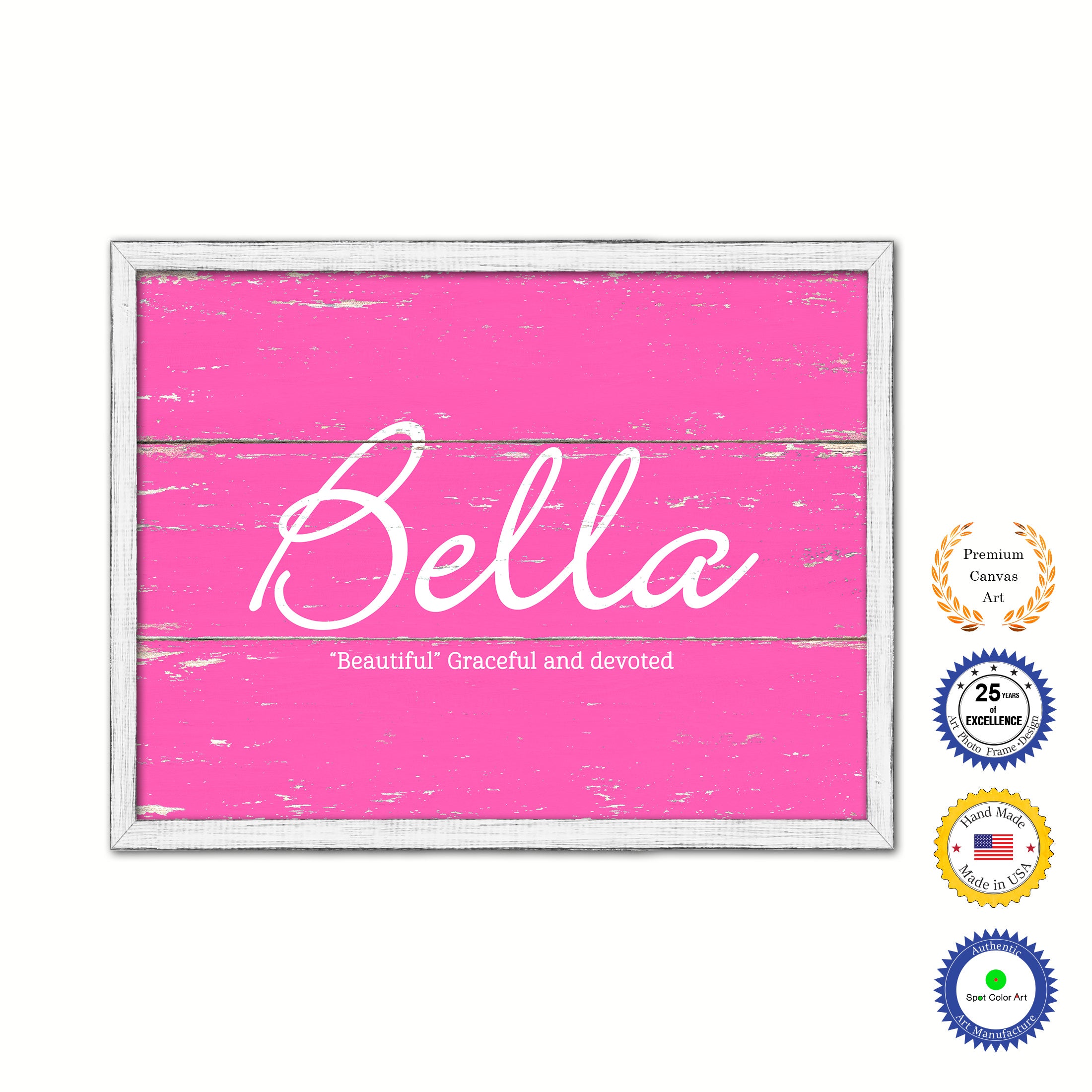 Bella Name Plate White Wash Wood Frame Canvas Print Boutique Cottage Decor Shabby Chic
