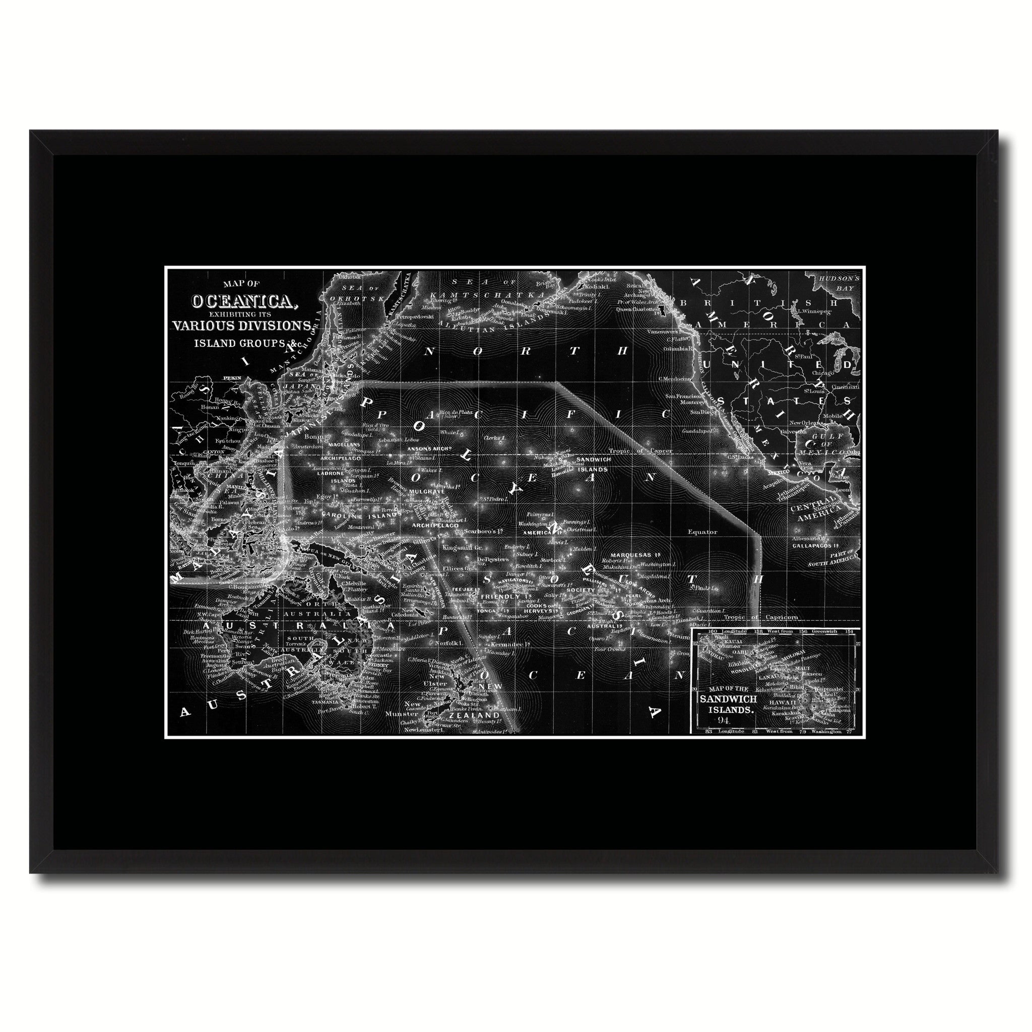 Oceania Vintage Monochrome Map Canvas Print, Gifts Picture Frames Home Decor Wall Art