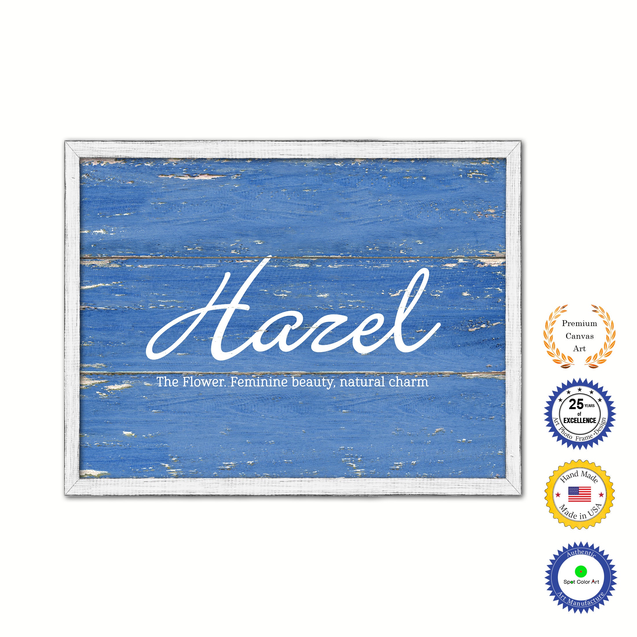 Hazel Name Plate White Wash Wood Frame Canvas Print Boutique Cottage Decor Shabby Chic