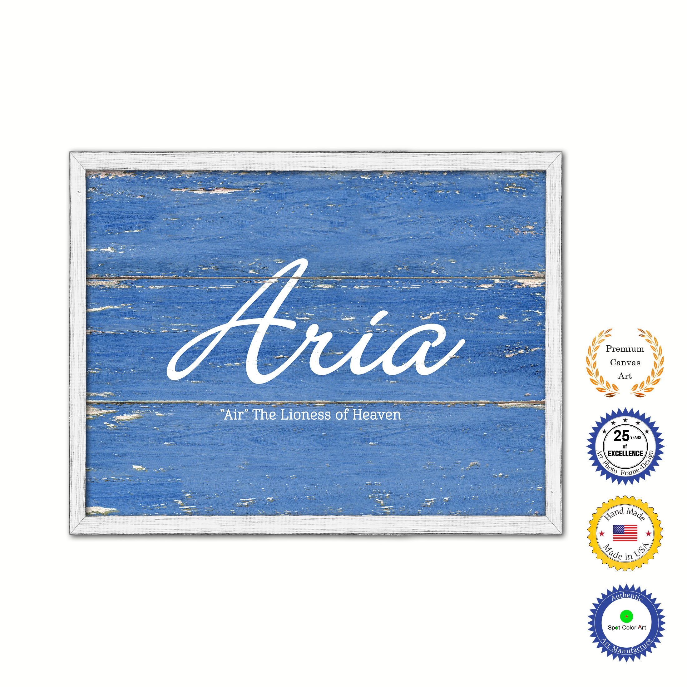 Aria Name Plate White Wash Wood Frame Canvas Print Boutique Cottage Decor Shabby Chic