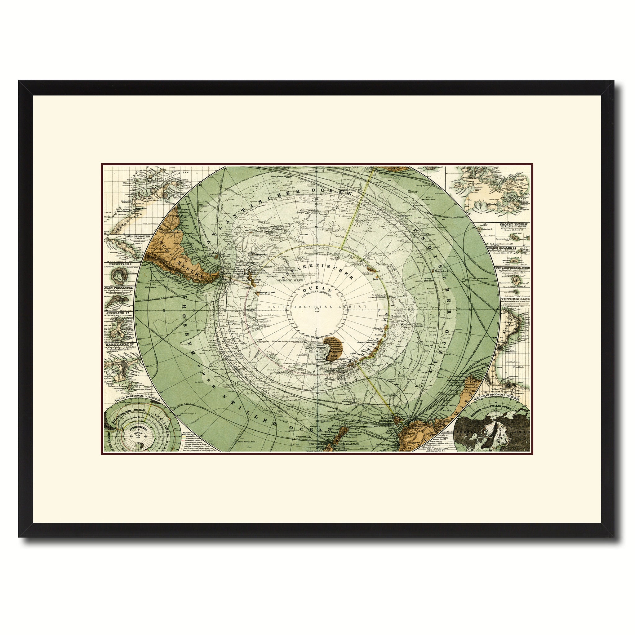 Antarctica South Pole Vintage Antique Map Wall Art Home Decor Gift Ideas Canvas Print Custom Picture Frame