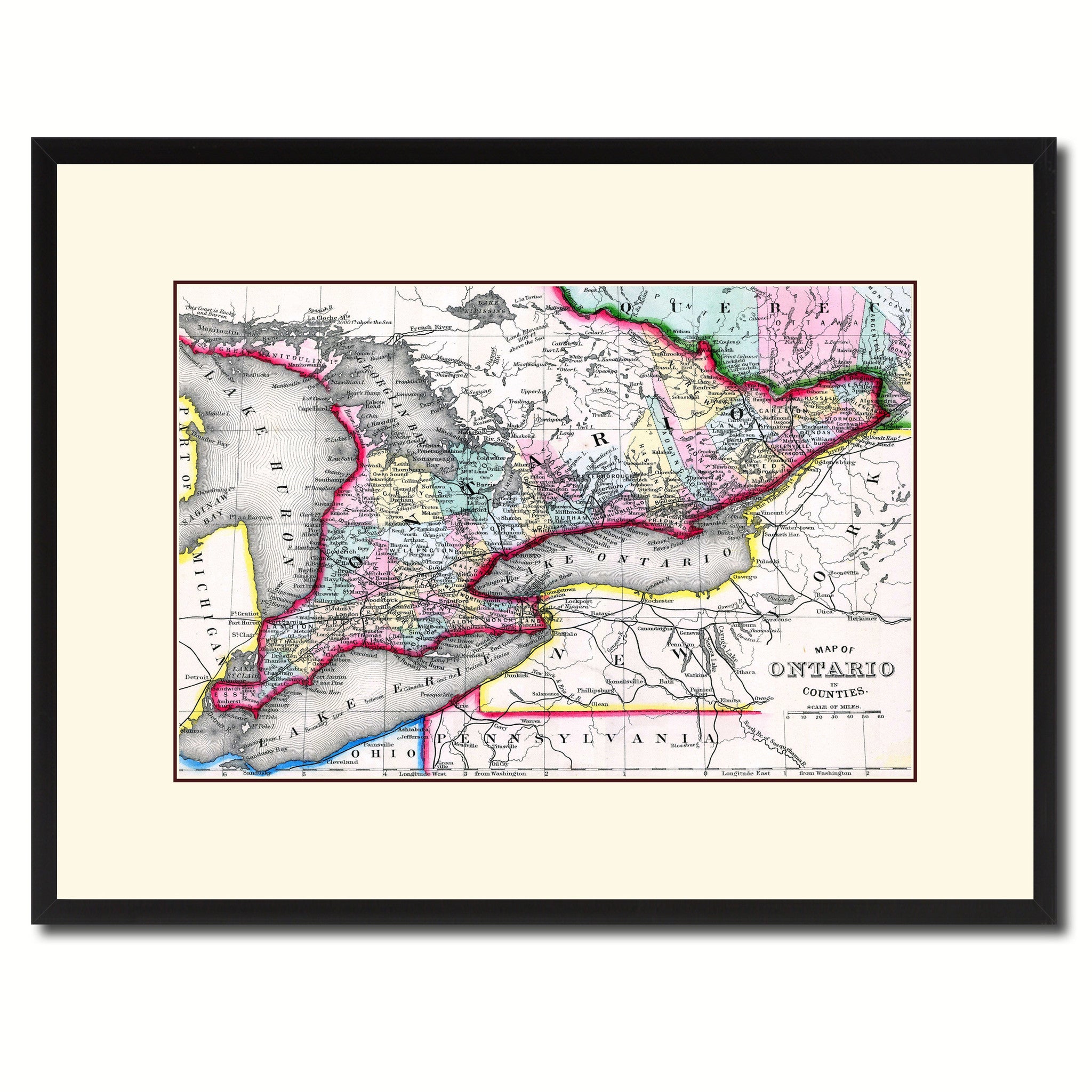 Ontario Canada Vintage Antique Map Wall Art Home Decor Gift Ideas Canvas Print Custom Picture Frame