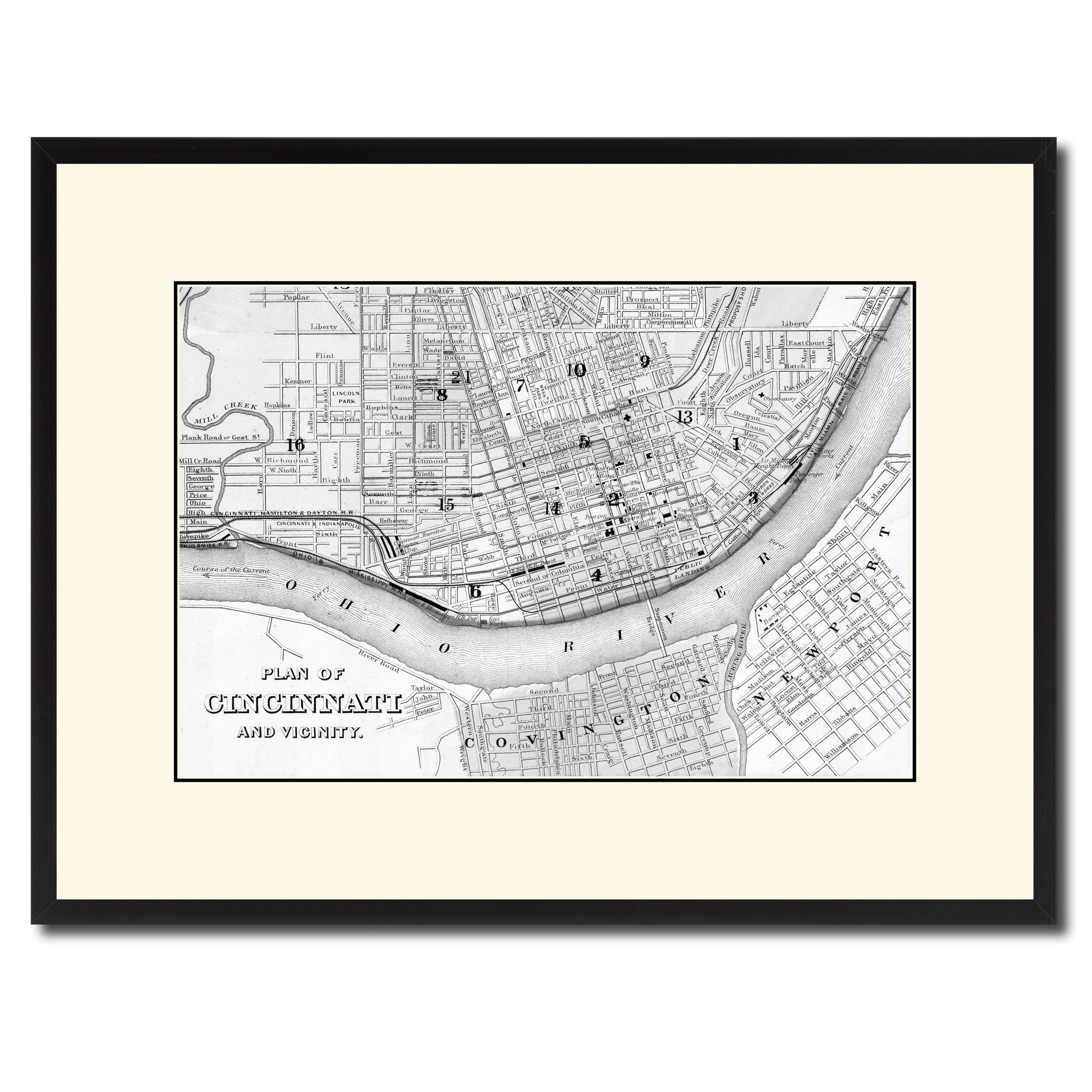 Cincinnati Vintage B&W Map Canvas Print, Picture Frame Home Decor Wall Art Gift Ideas