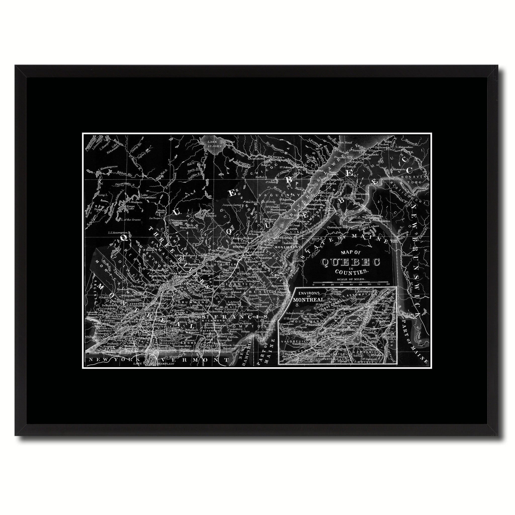 Quebec Montreal Vintage Monochrome Map Canvas Print, Gifts Picture Frames Home Decor Wall Art