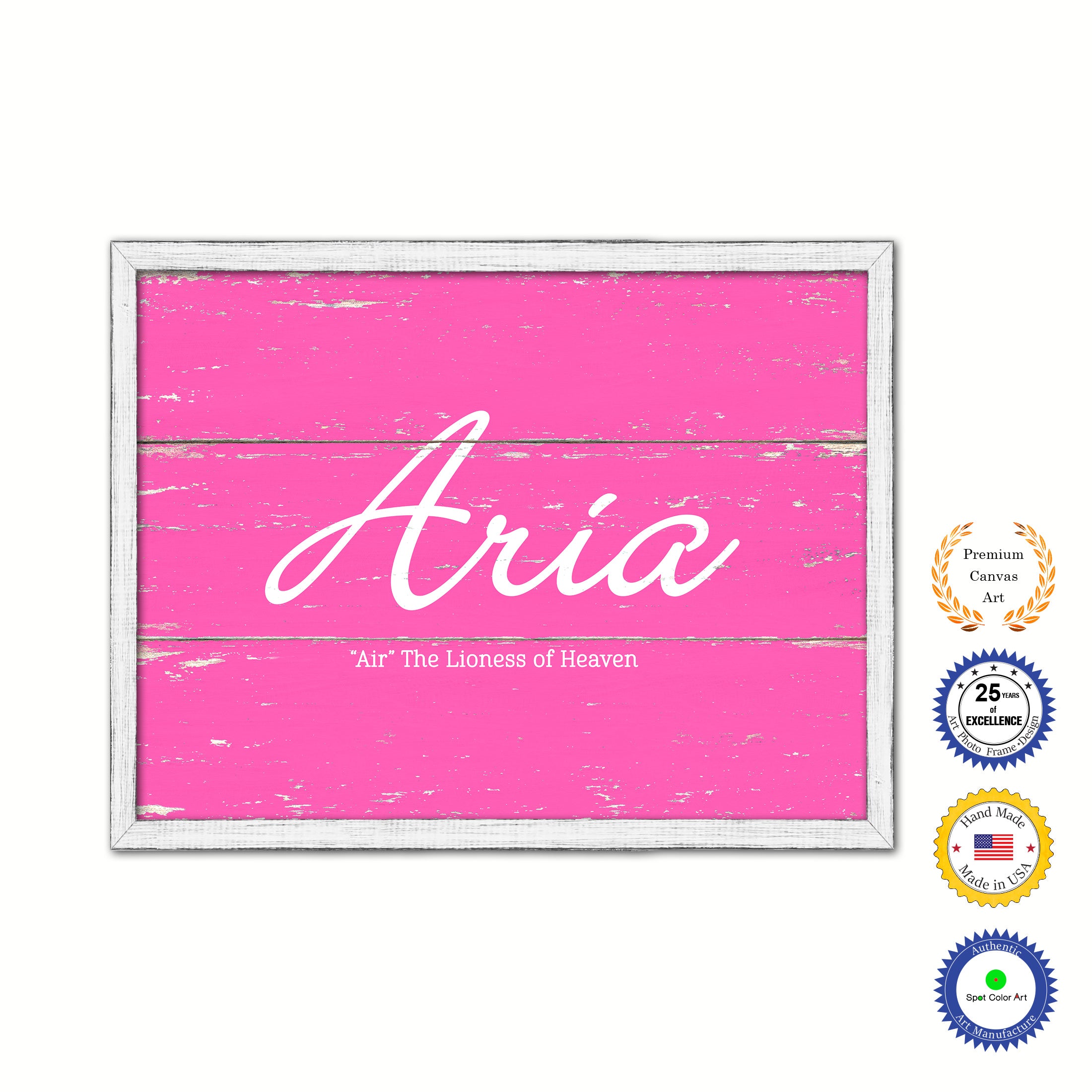 Aria Name Plate White Wash Wood Frame Canvas Print Boutique Cottage Decor Shabby Chic
