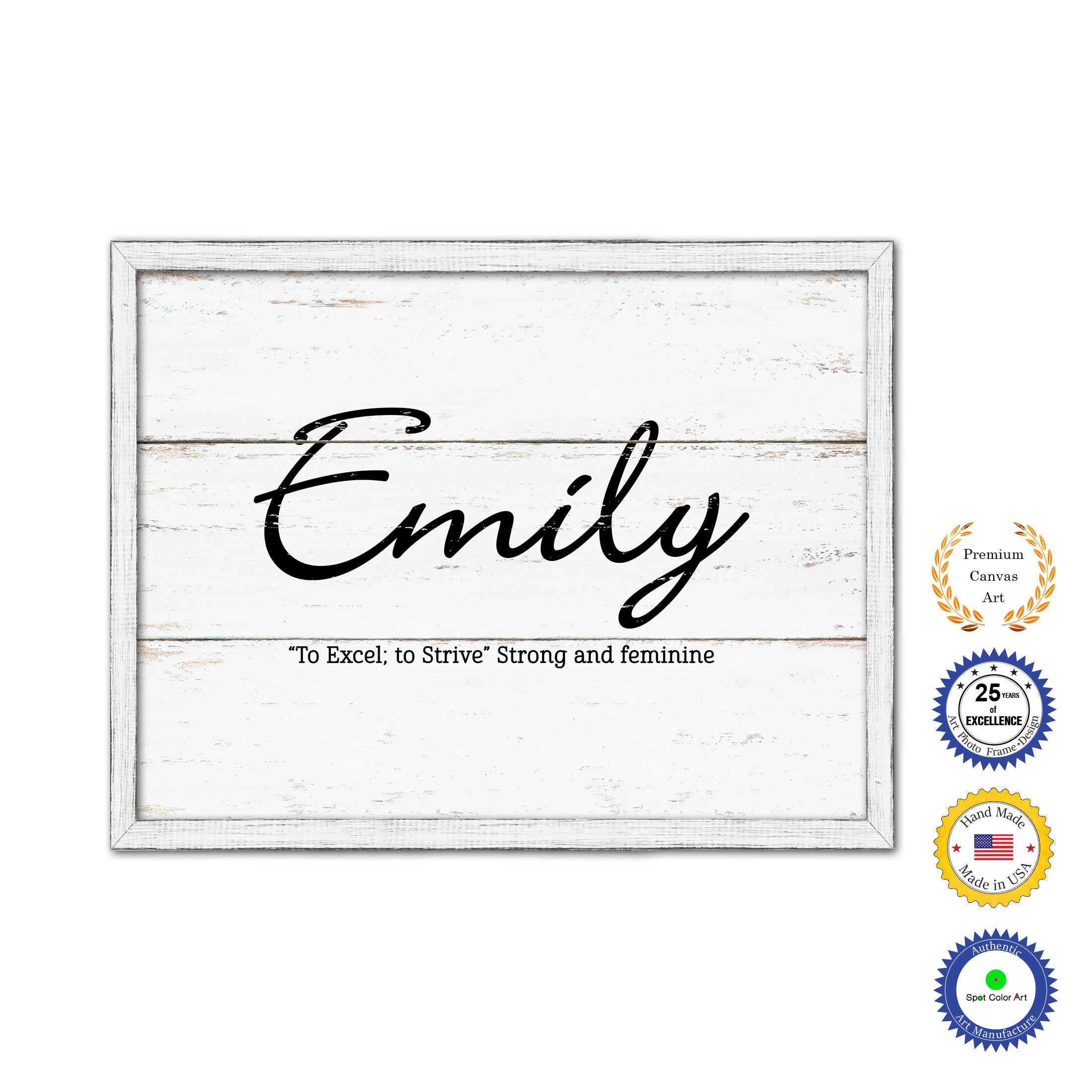 Emily Name Plate White Wash Wood Frame Canvas Print Boutique Cottage Decor Shabby Chic