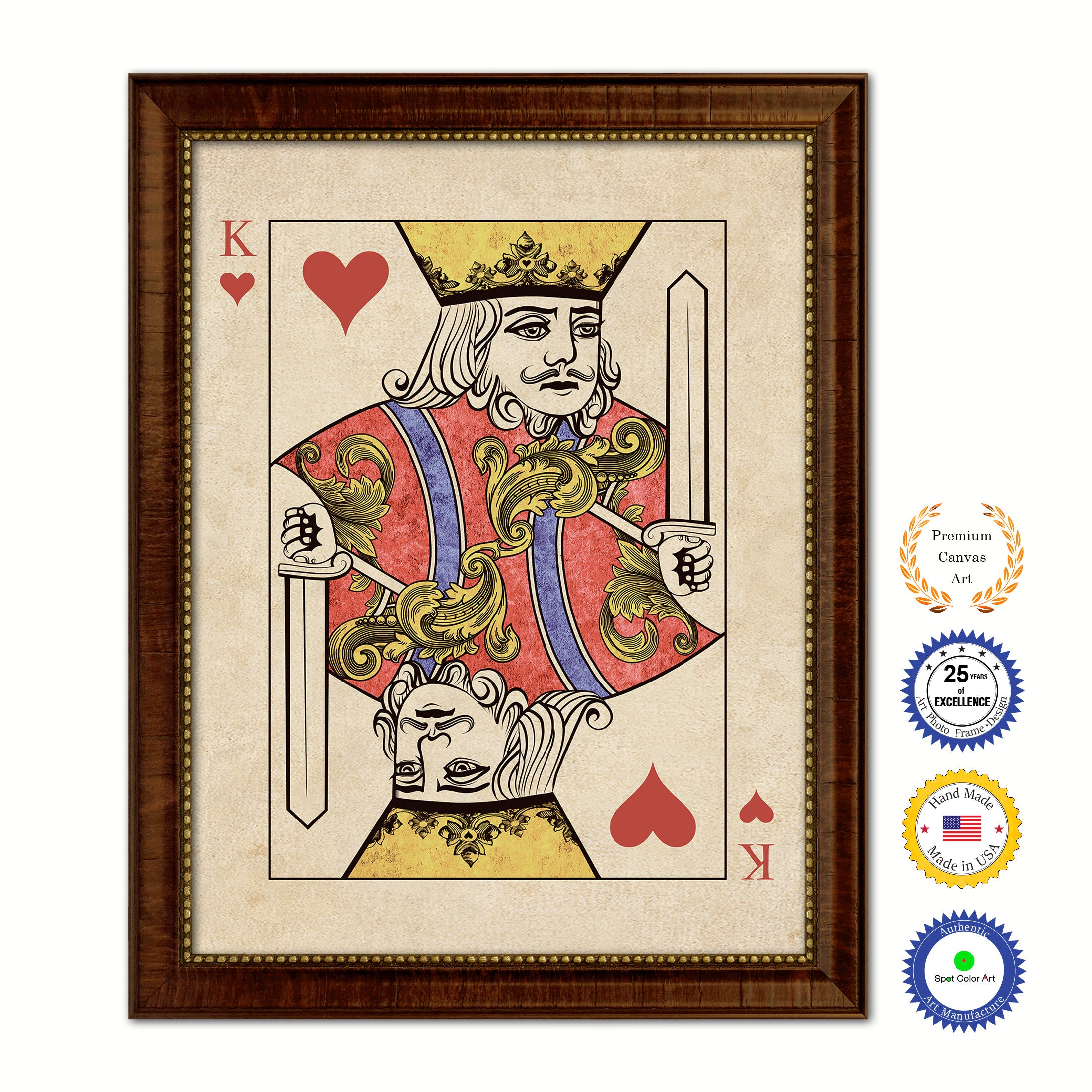 King Heart Poker Decks of Vintage Cards Print on Canvas Brown Custom Framed