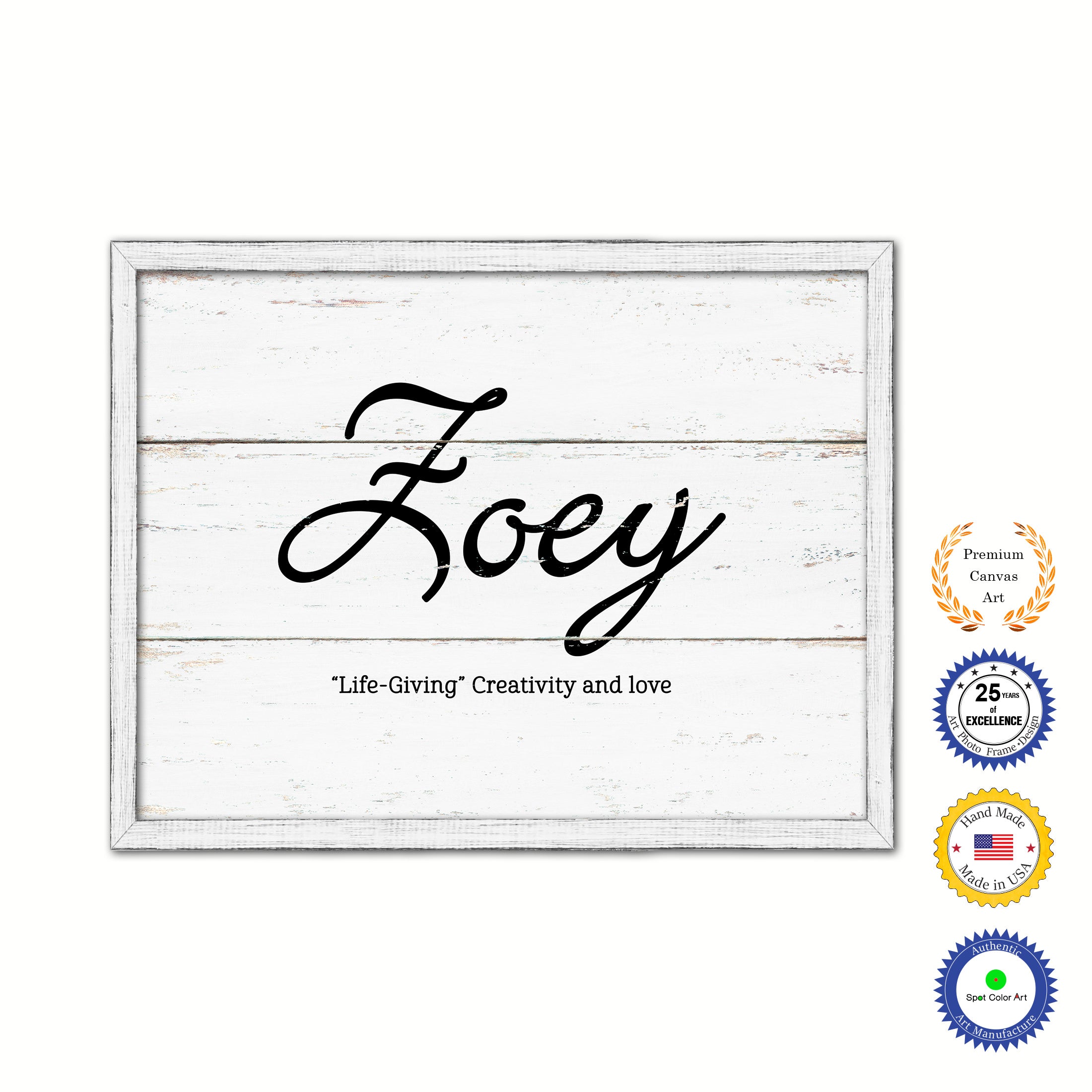 Zoey Name Plate White Wash Wood Frame Canvas Print Boutique Cottage Decor Shabby Chic