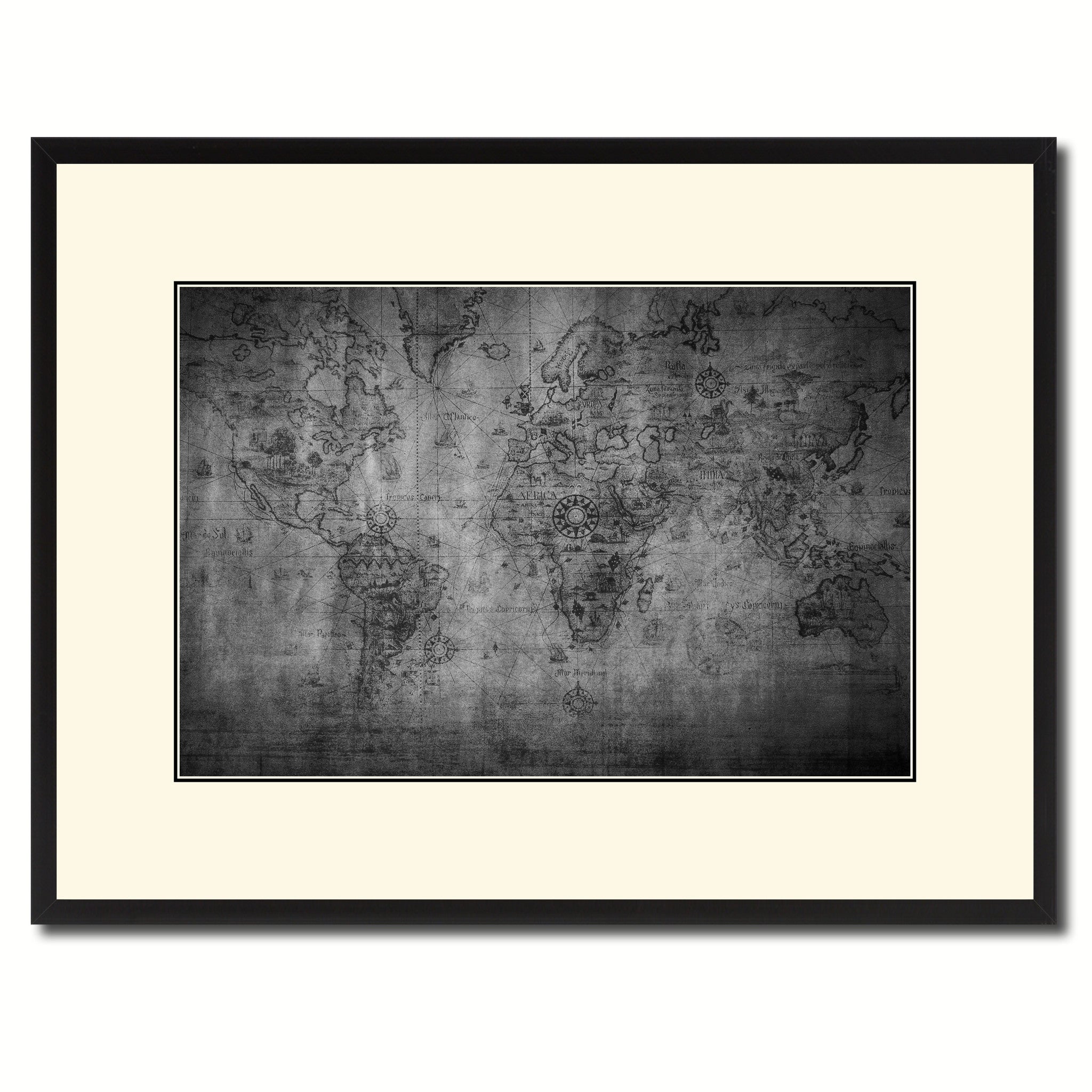 World Vintage B&W Map Canvas Print, Picture Frame Home Decor Wall Art Gift Ideas