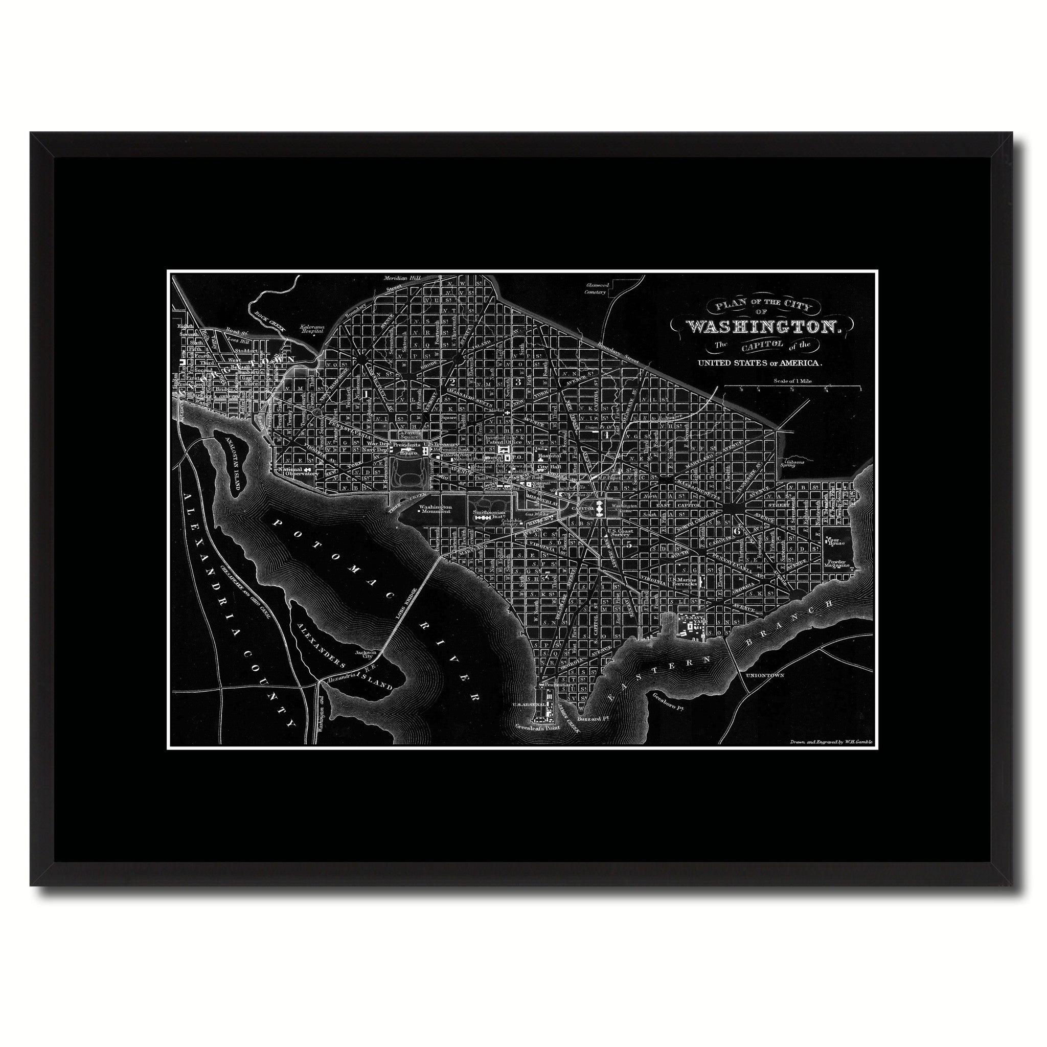 Washington DC Vintage Monochrome Map Canvas Print, Gifts Picture Frames Home Decor Wall Art