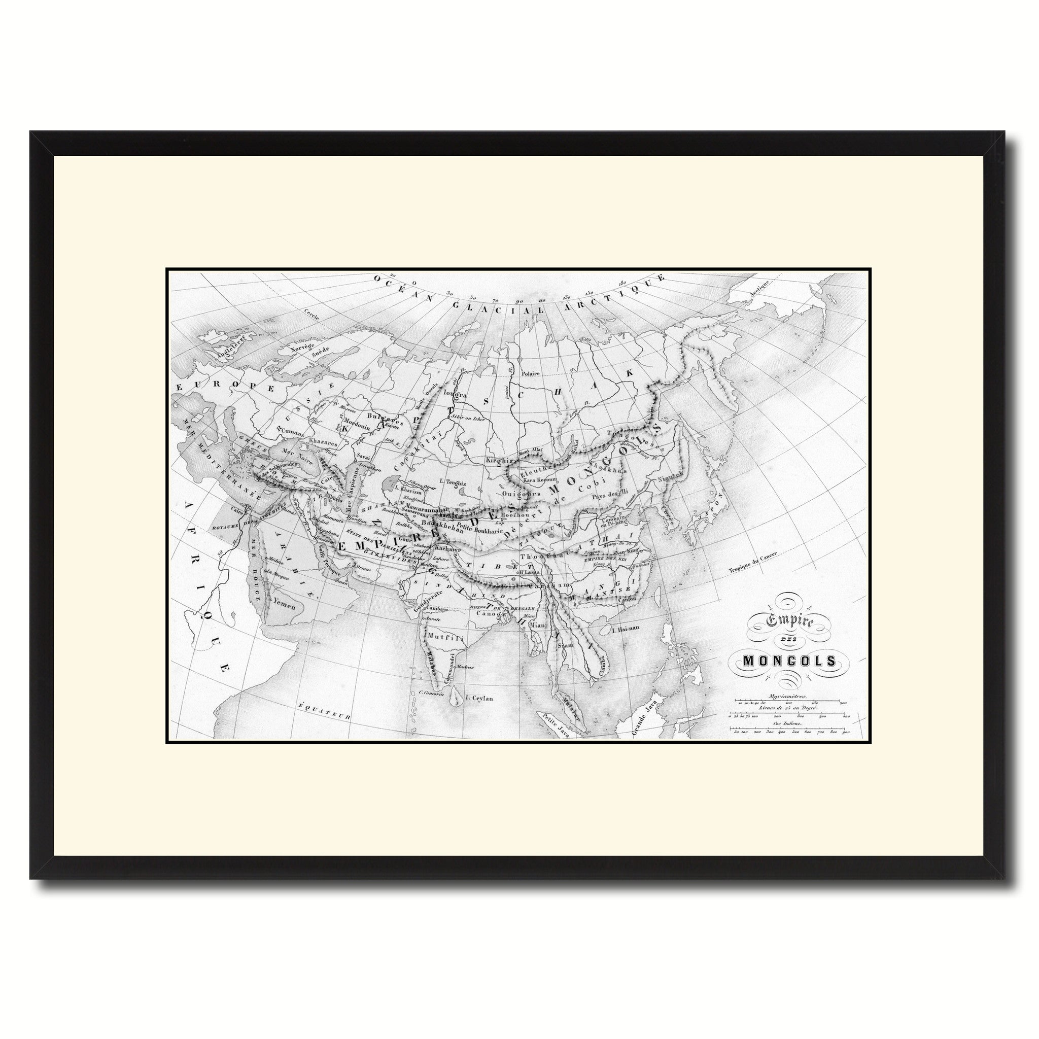 Mongolian Empire Asia Vintage B&W Map Canvas Print, Picture Frame Home Decor Wall Art Gift Ideas