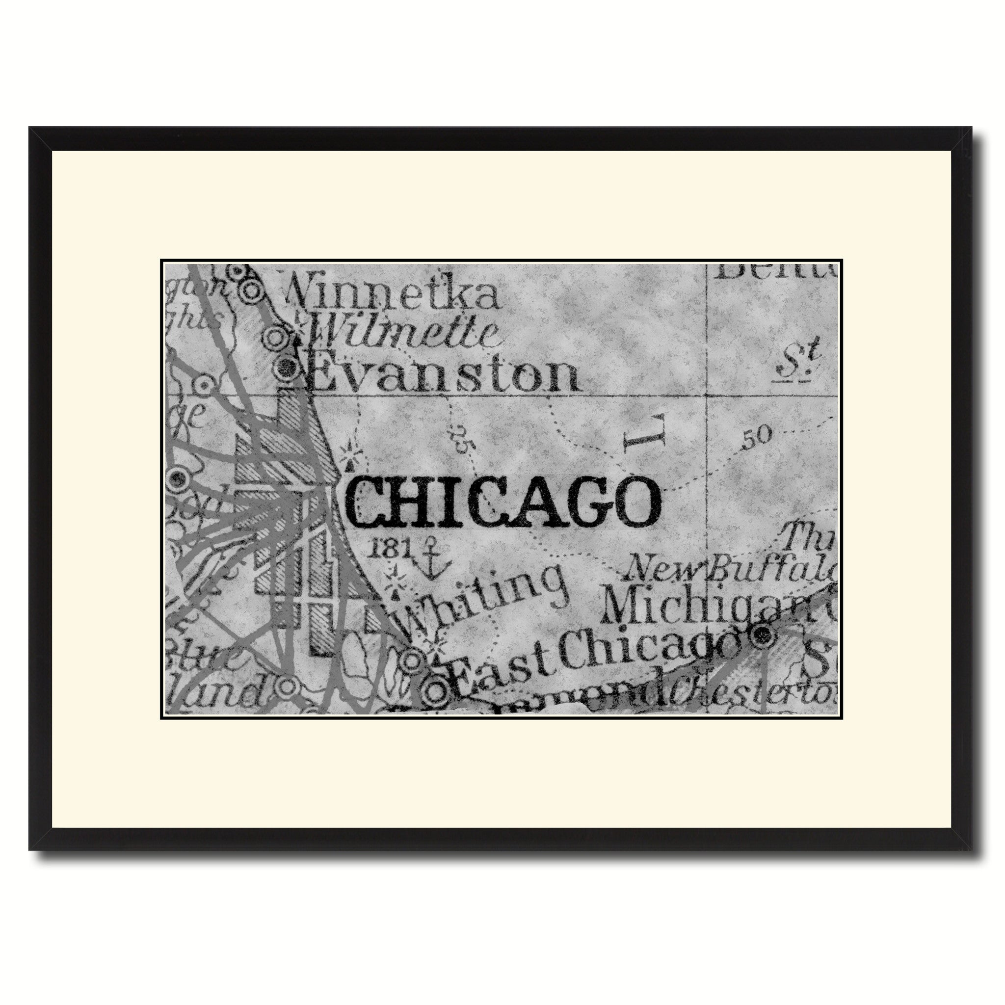 Chicago Illinois Vintage B&W Map Canvas Print, Picture Frame Home Decor Wall Art Gift Ideas