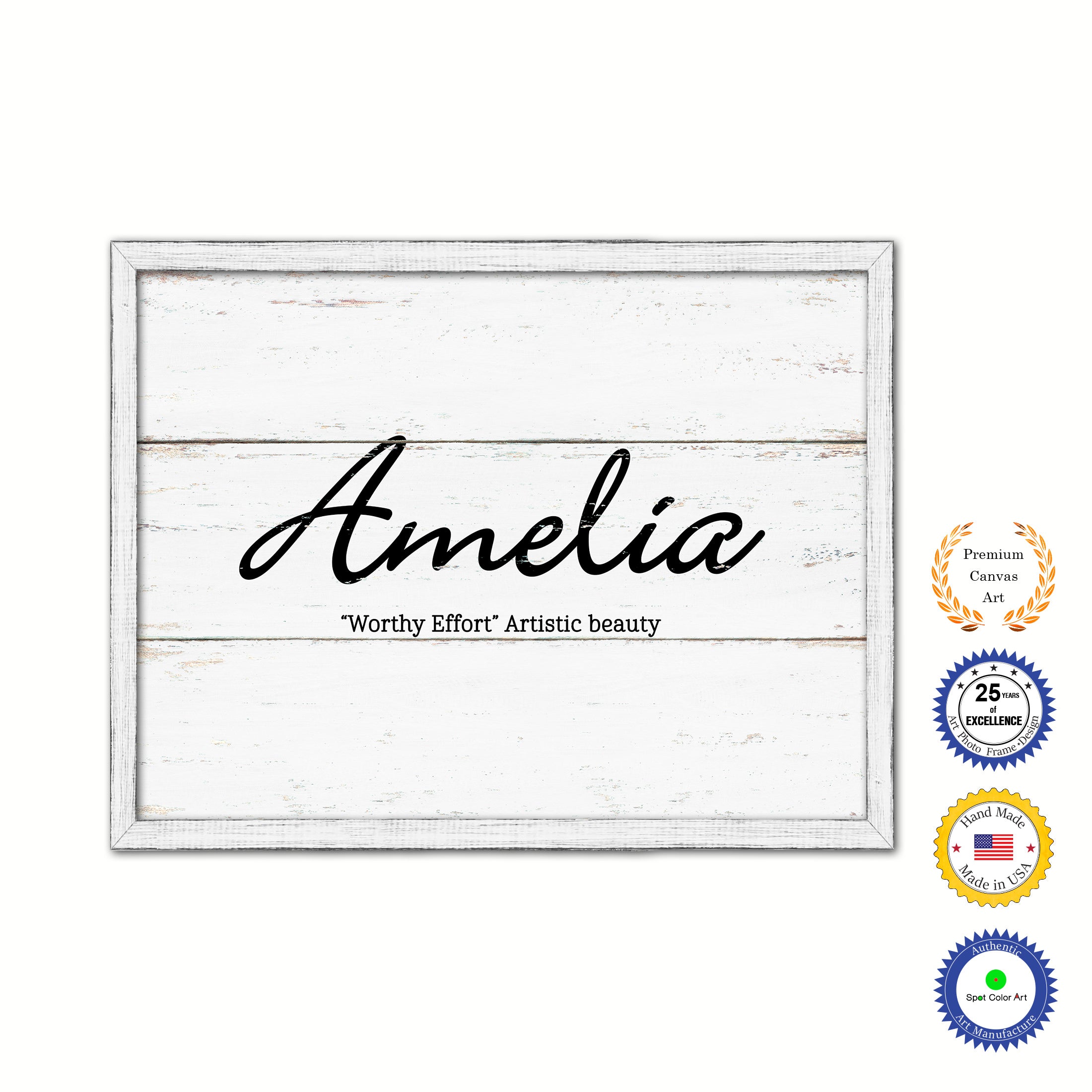 Amelia Name Plate White Wash Wood Frame Canvas Print Boutique Cottage Decor Shabby Chic