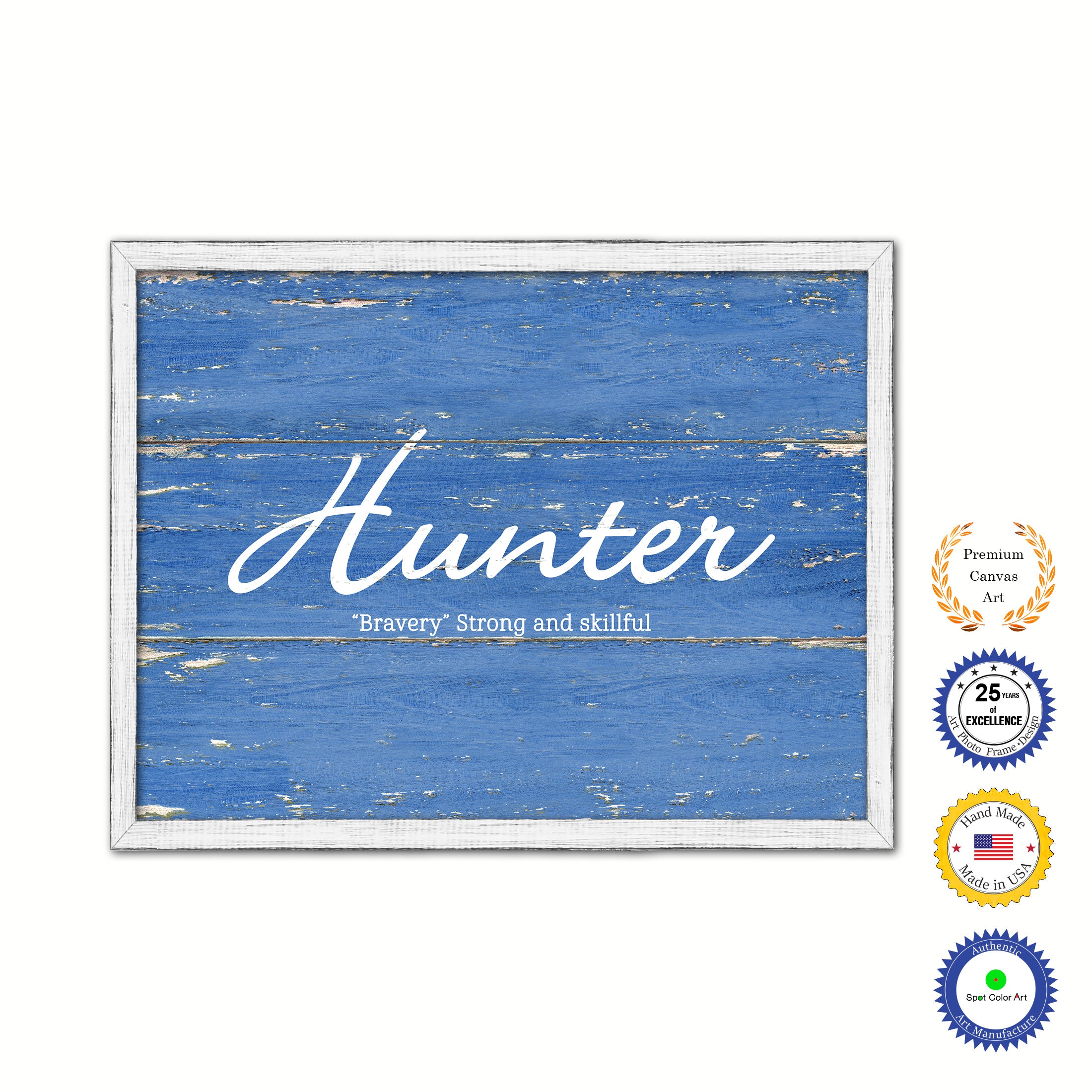 Hunter Name Plate White Wash Wood Frame Canvas Print Boutique Cottage Decor Shabby Chic