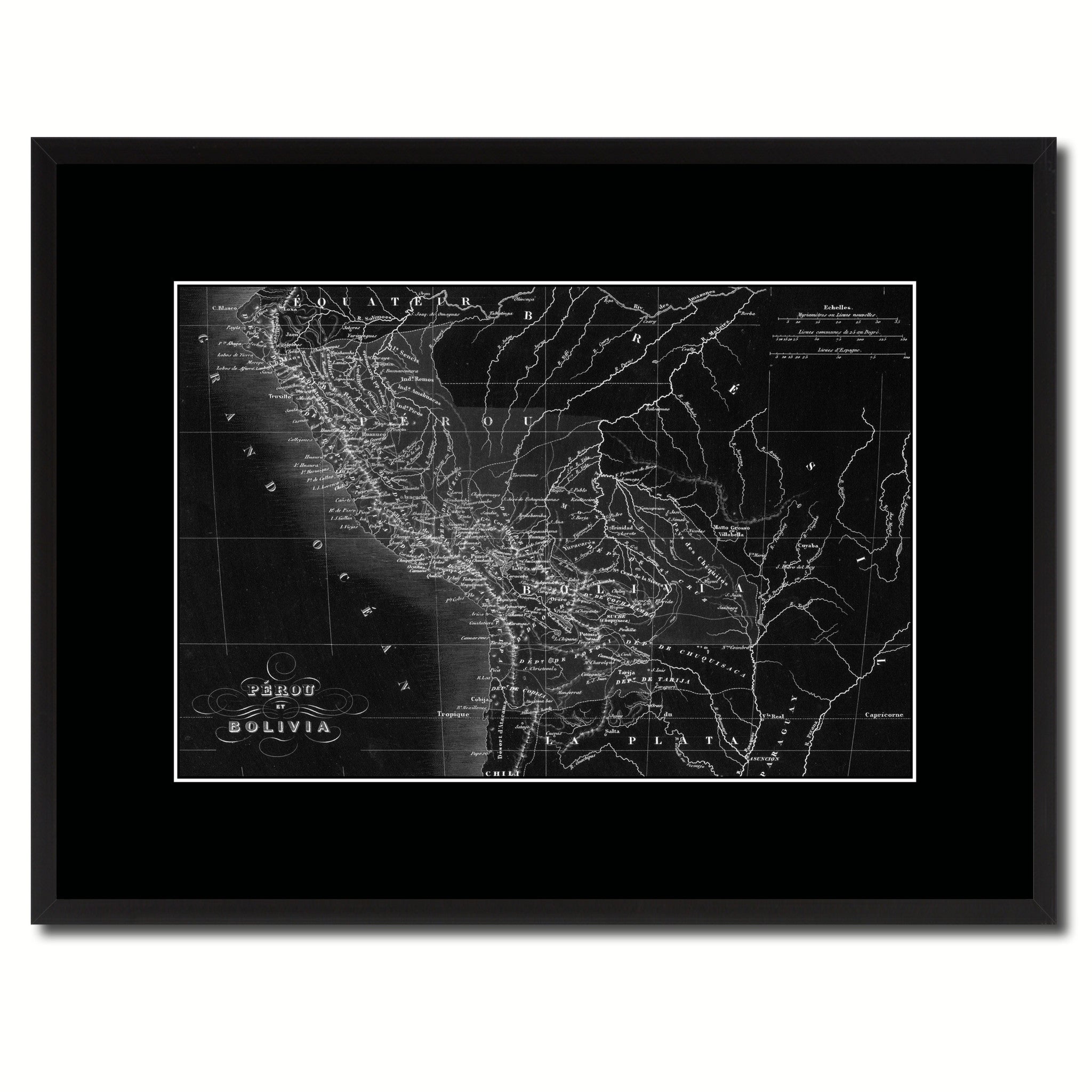 Peru Bolivia Vintage Monochrome Map Canvas Print, Gifts Picture Frames Home Decor Wall Art