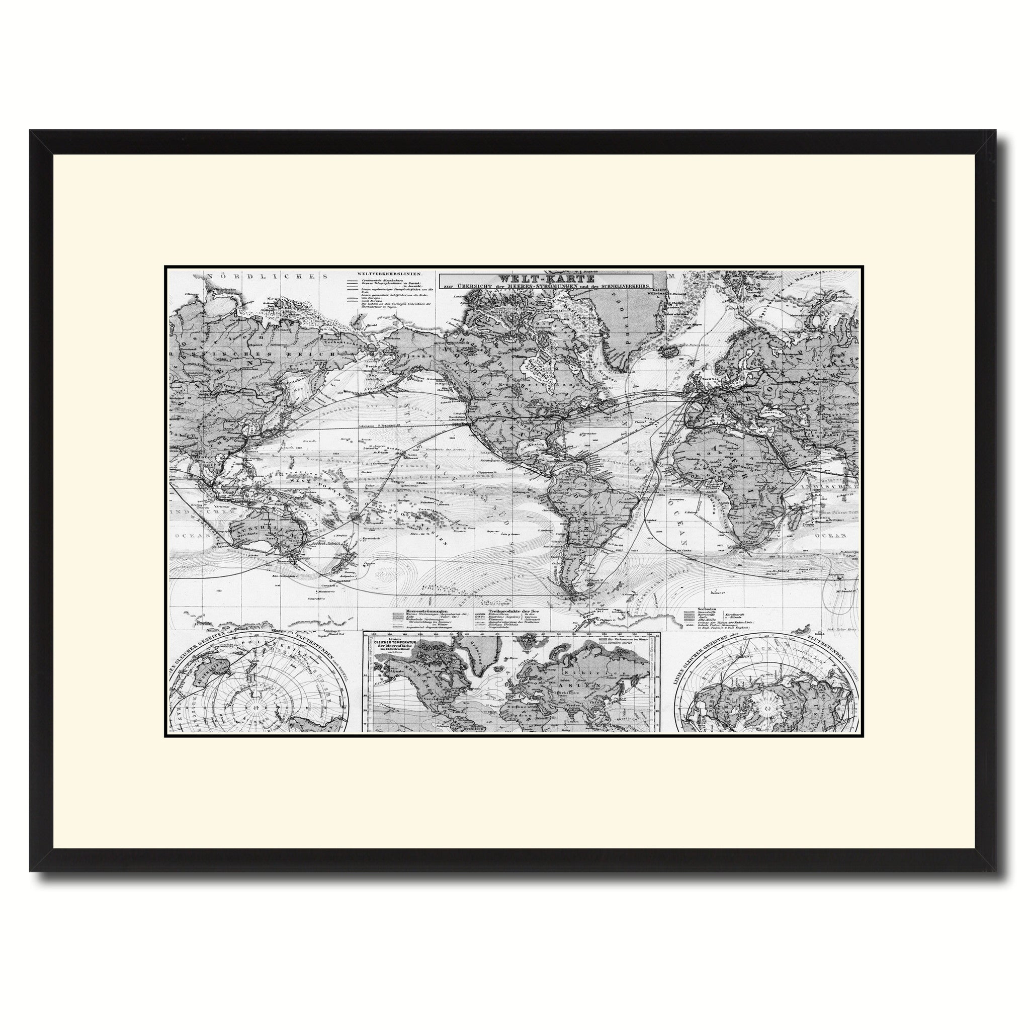 World Ocean Currents Vintage B&W Map Canvas Print, Picture Frame Home Decor Wall Art Gift Ideas