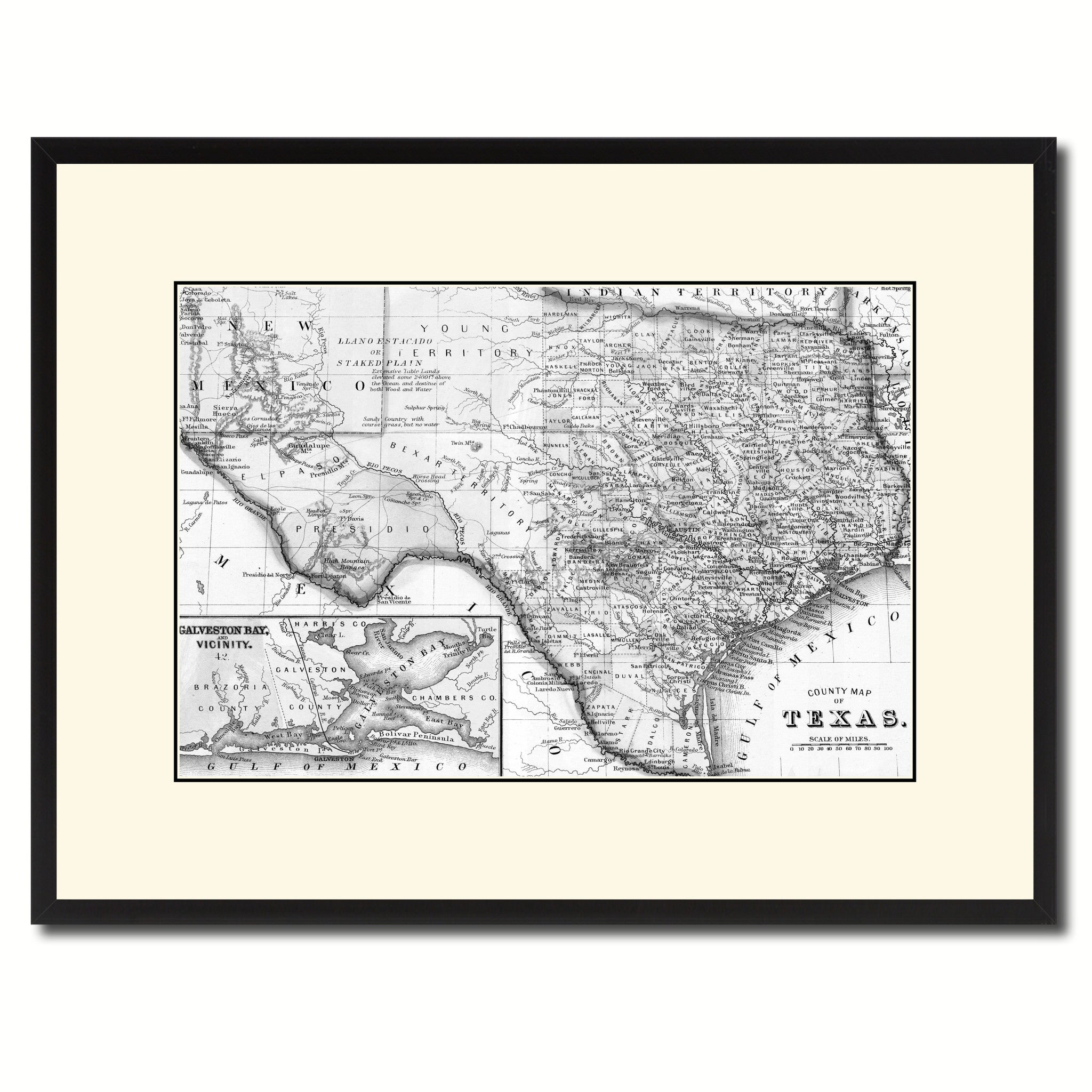 Texas Vintage B&W Map Canvas Print, Picture Frame Home Decor Wall Art Gift Ideas