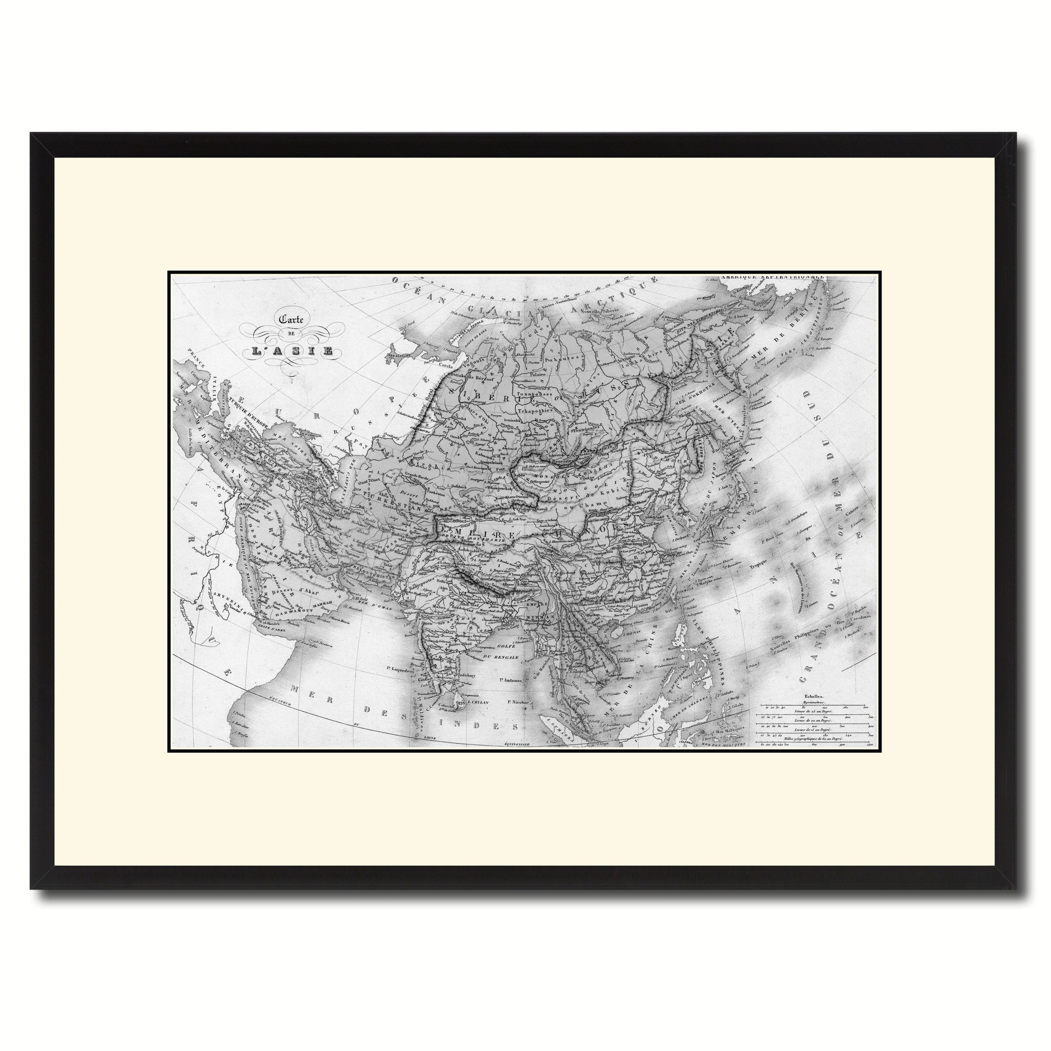 Asia Vintage B&W Map Canvas Print, Picture Frame Home Decor Wall Art Gift Ideas