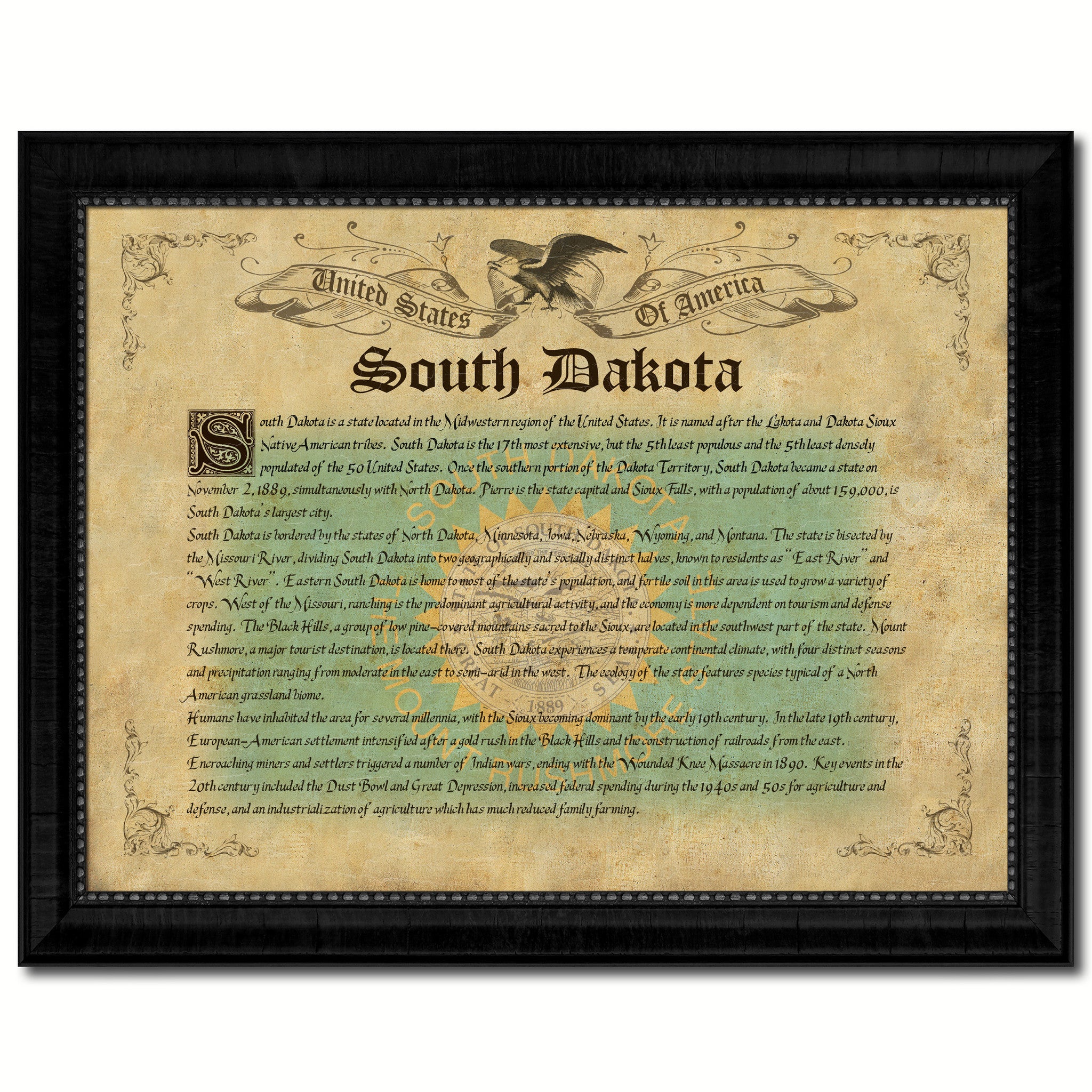 South Dakota Vintage History Flag Canvas Print, Picture Frame Gift Ideas Home Décor Wall Art Decoration