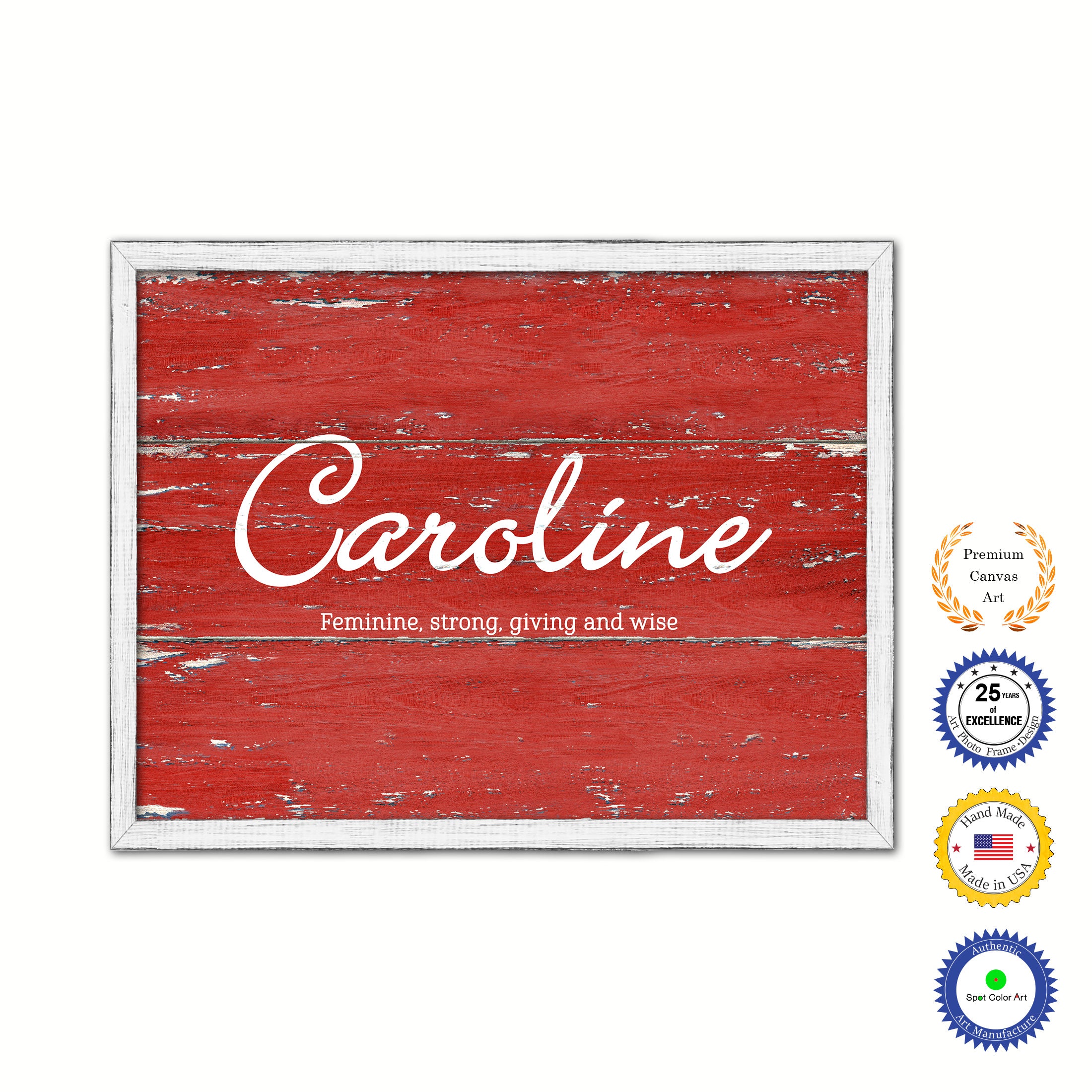 Caroline Name Plate White Wash Wood Frame Canvas Print Boutique Cottage Decor Shabby Chic