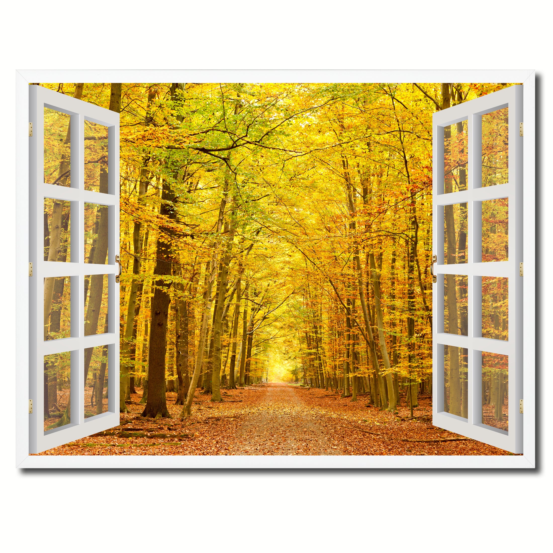 Pathway Autumn Park Yellow Leaves Picture French Window Framed Canvas Print Home Decor Wall Art Collection