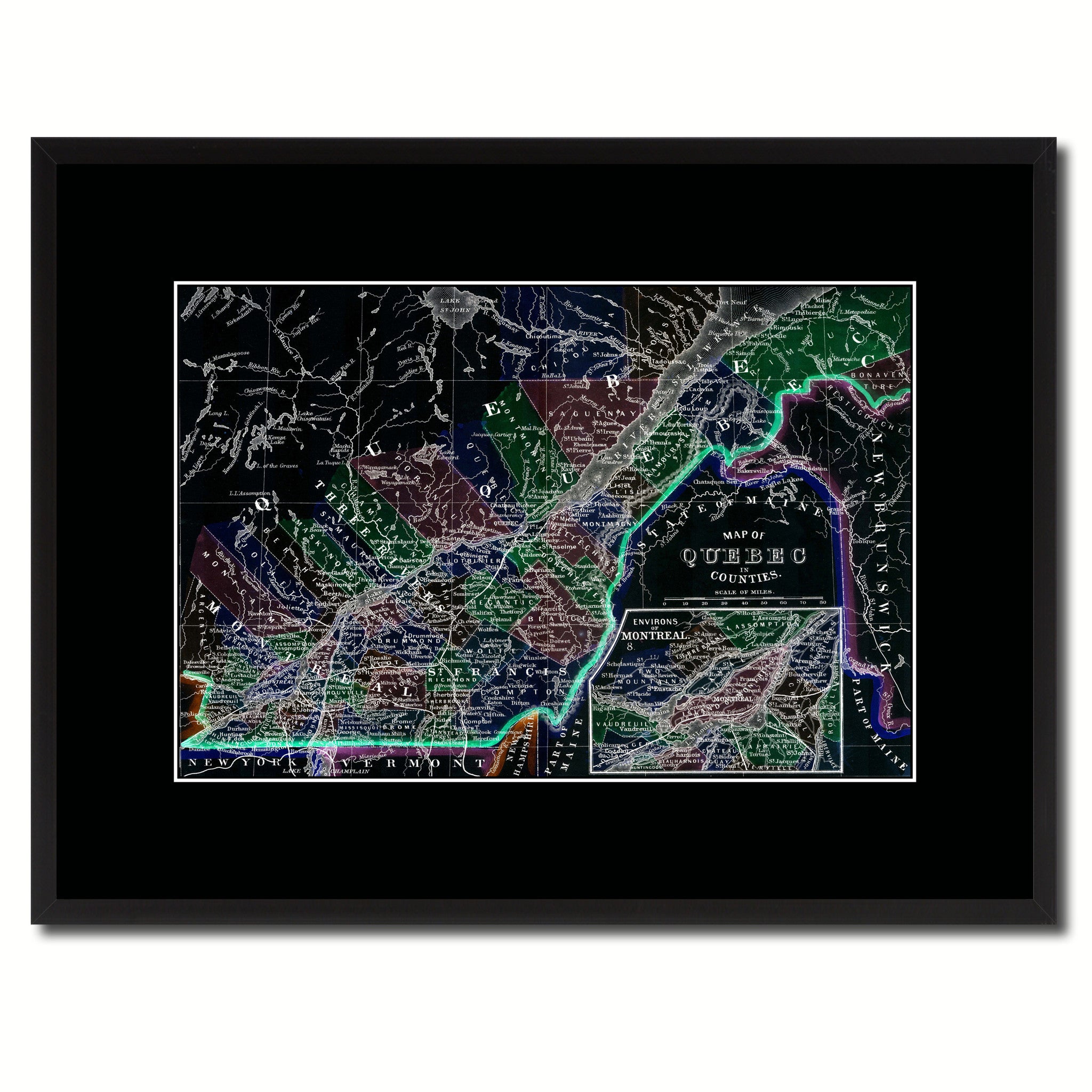 Quebec Montreal Vintage Vivid Color Map Canvas Print, Picture Frame Home Decor Wall Art Office Decoration Gift Ideas