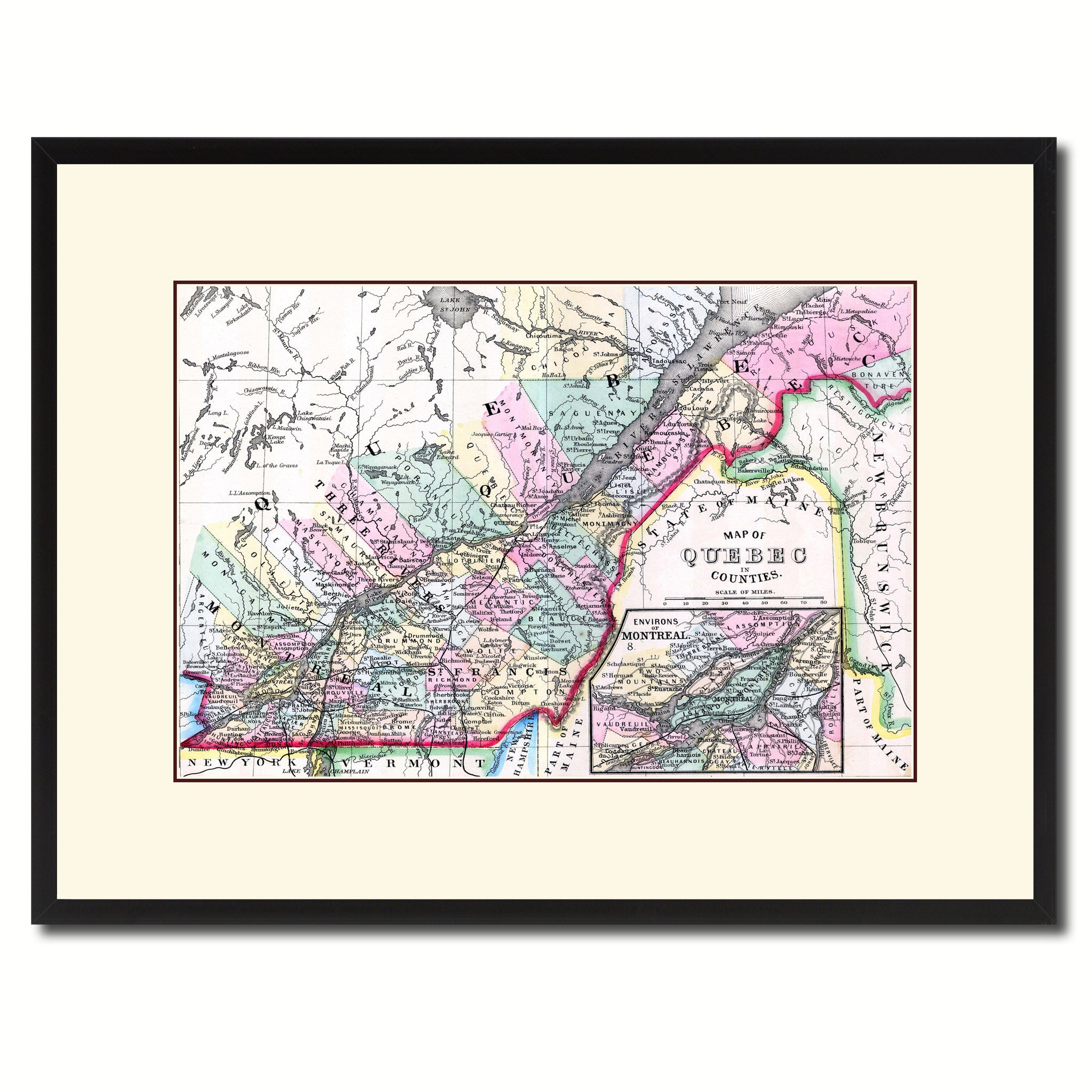 Quebec Montreal Vintage Antique Map Wall Art Home Decor Gift Ideas Canvas Print Custom Picture Frame