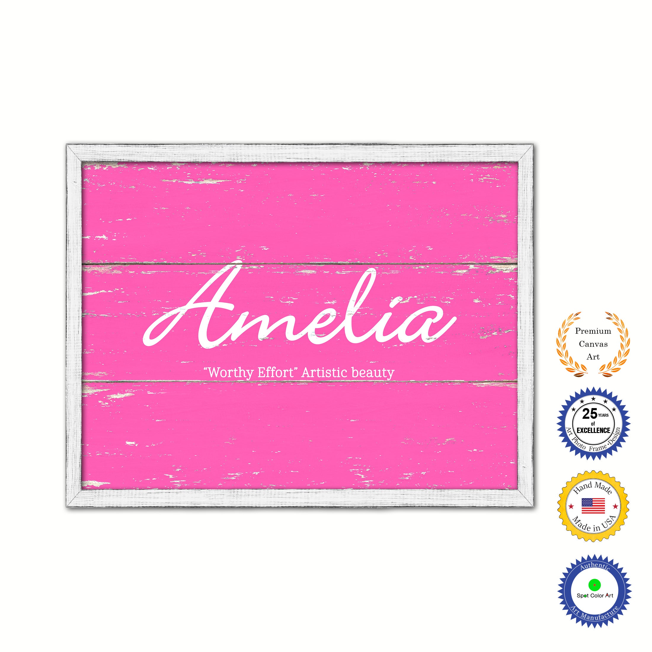 Amelia Name Plate White Wash Wood Frame Canvas Print Boutique Cottage Decor Shabby Chic