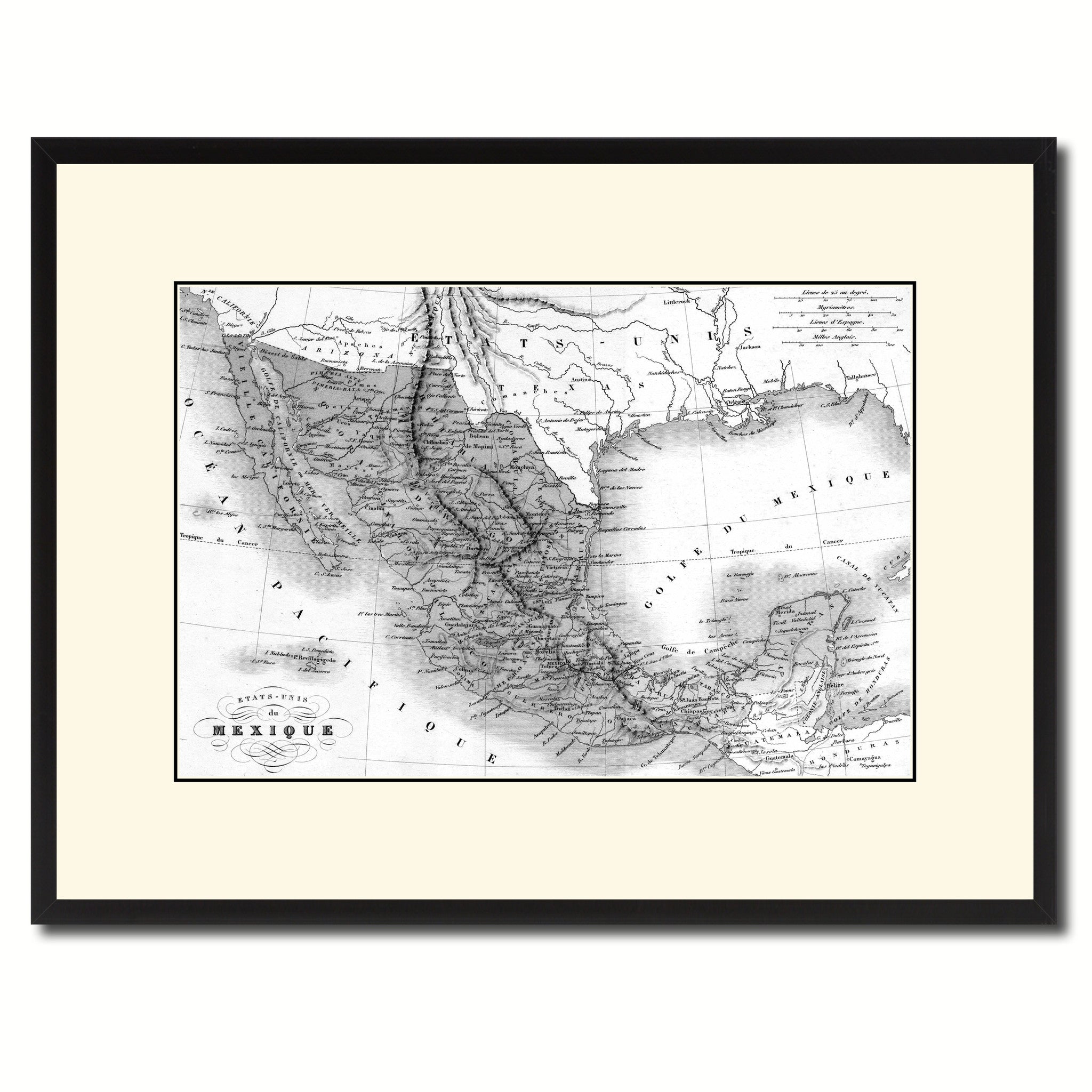 Mexico Vintage B&W Map Canvas Print, Picture Frame Home Decor Wall Art Gift Ideas
