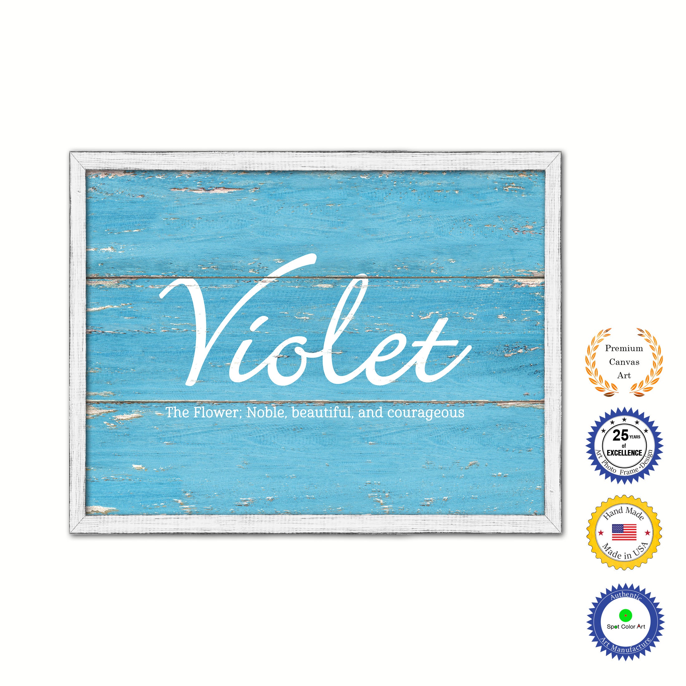 Violet Name Plate White Wash Wood Frame Canvas Print Boutique Cottage Decor Shabby Chic