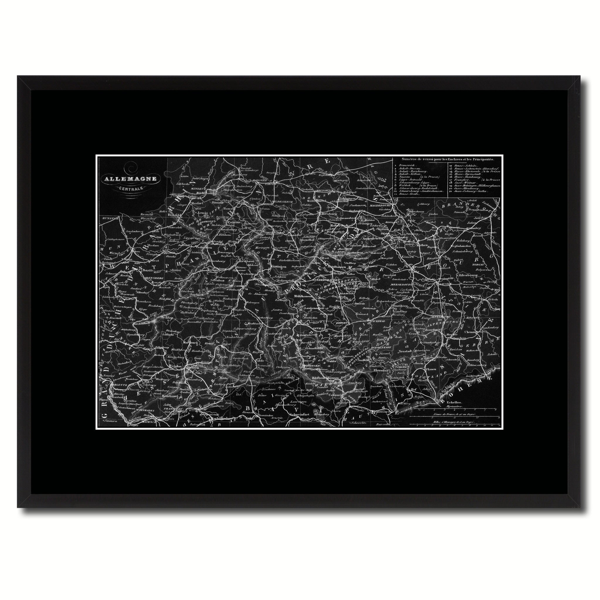 Central Germany Vintage Monochrome Map Canvas Print, Gifts Picture Frames Home Decor Wall Art