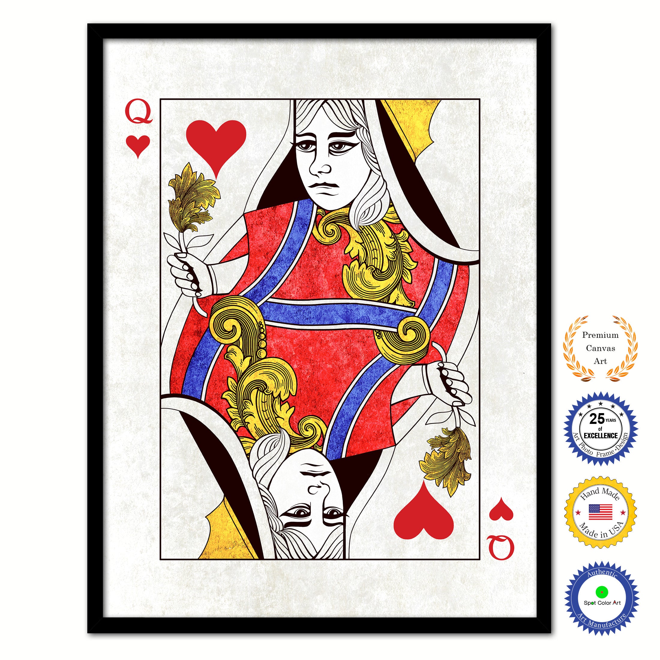 Queen Heart Poker Decks of Vintage Cards Print on Canvas Black Custom Framed
