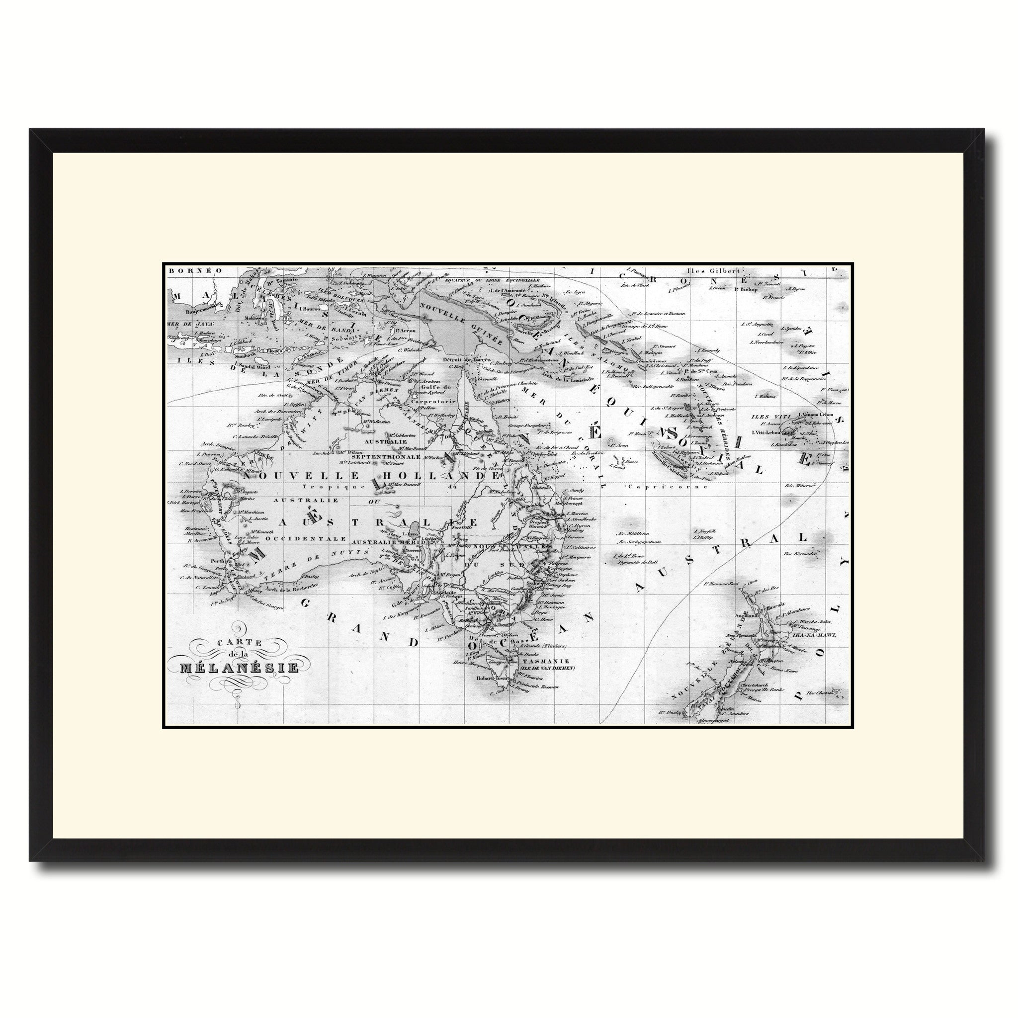 New Zealand Oceania Australia Vintage B&W Map Canvas Print, Picture Frame Home Decor Wall Art Gift Ideas