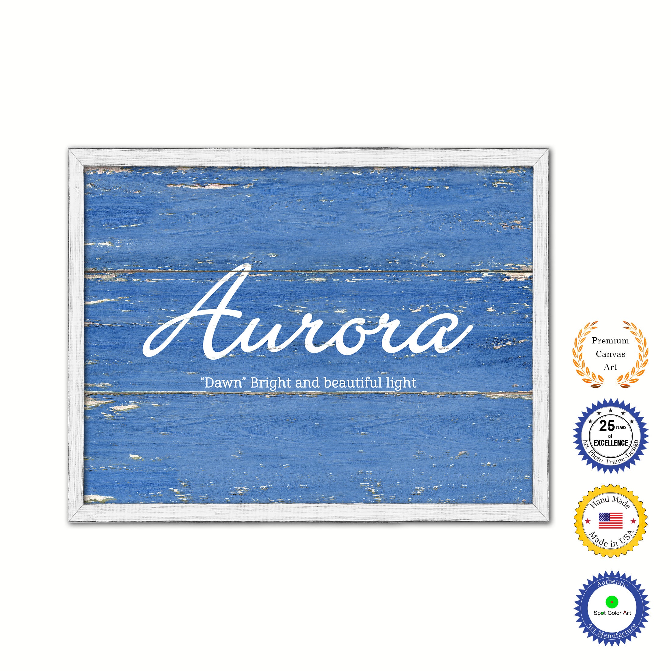 Aurora Name Plate White Wash Wood Frame Canvas Print Boutique Cottage Decor Shabby Chic