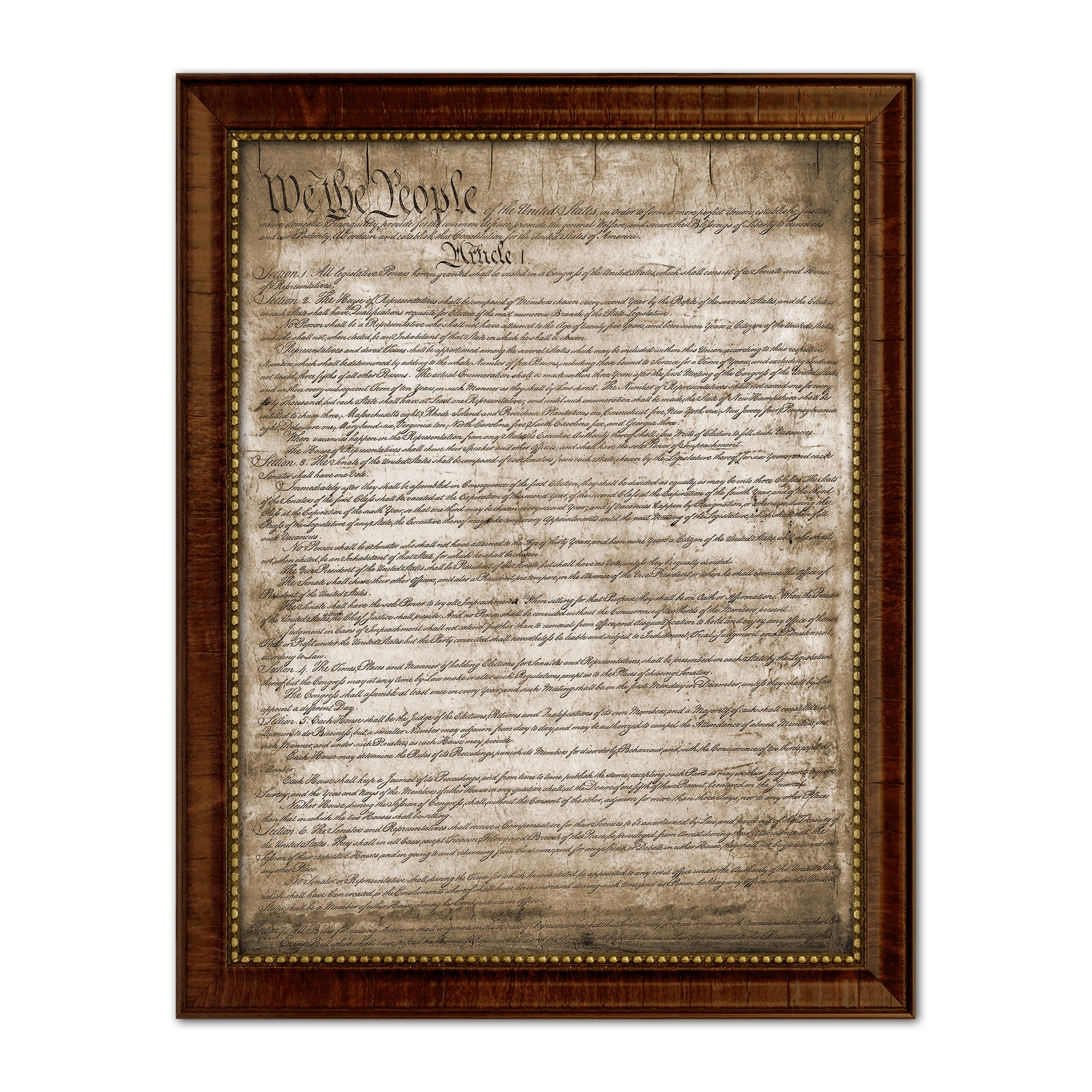 Constitution We The People Canvas Print Home Decor Wall Art, Sepia, Brown Framed