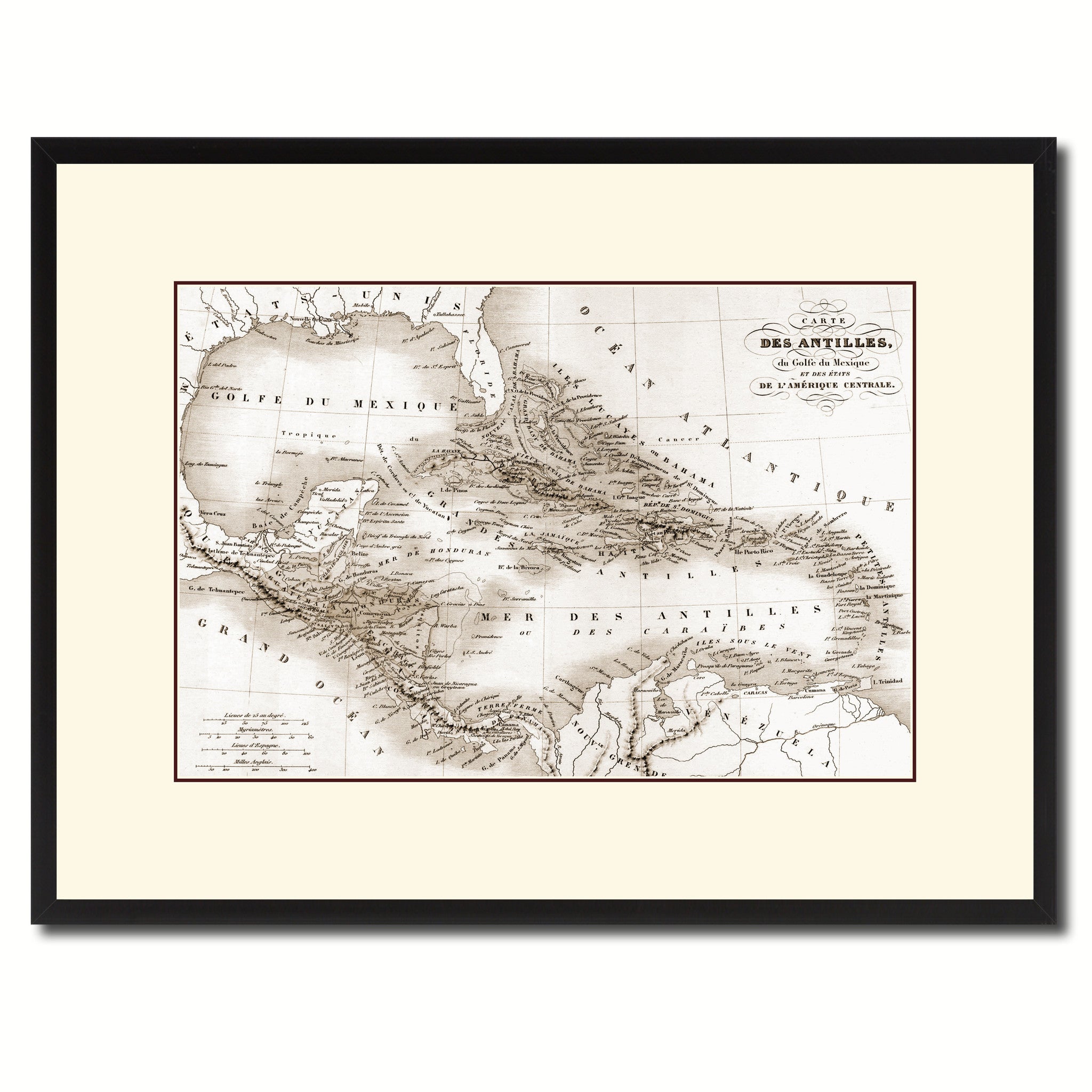 West Indies Caribbean Vintage Sepia Map Canvas Print, Picture Frame Gifts Home Decor Wall Art Decoration